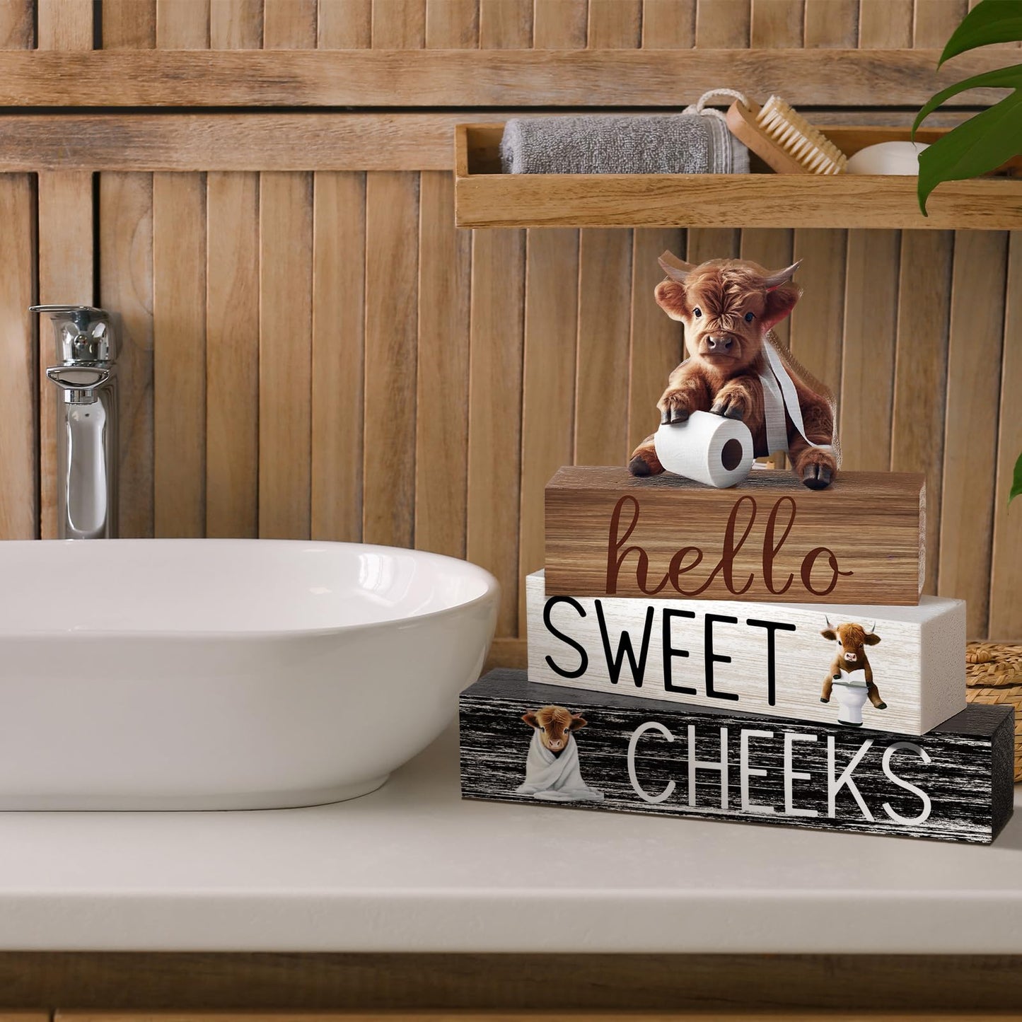 Cinnvoice 4 Pcs Highland Cow Bathroom Decor Farmhouse Bathroom Decoration Western Hello Sweet Cheeks Table Centerpiece Gift for Christmas Valentines Back to School