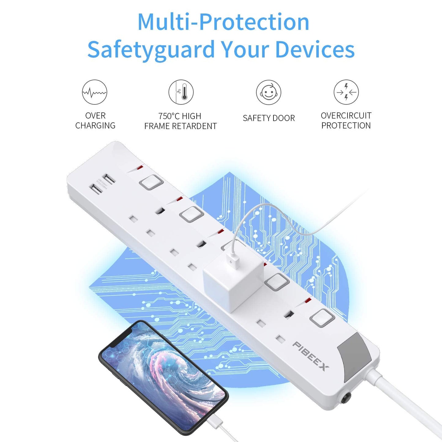 PIBEEX Extension Lead with 4 Way Plug Sockets, Wall Mountable Extension Socket with Individual Switches and 2 USB Charging Ports, 13A 3250W, 2M Extension Cord