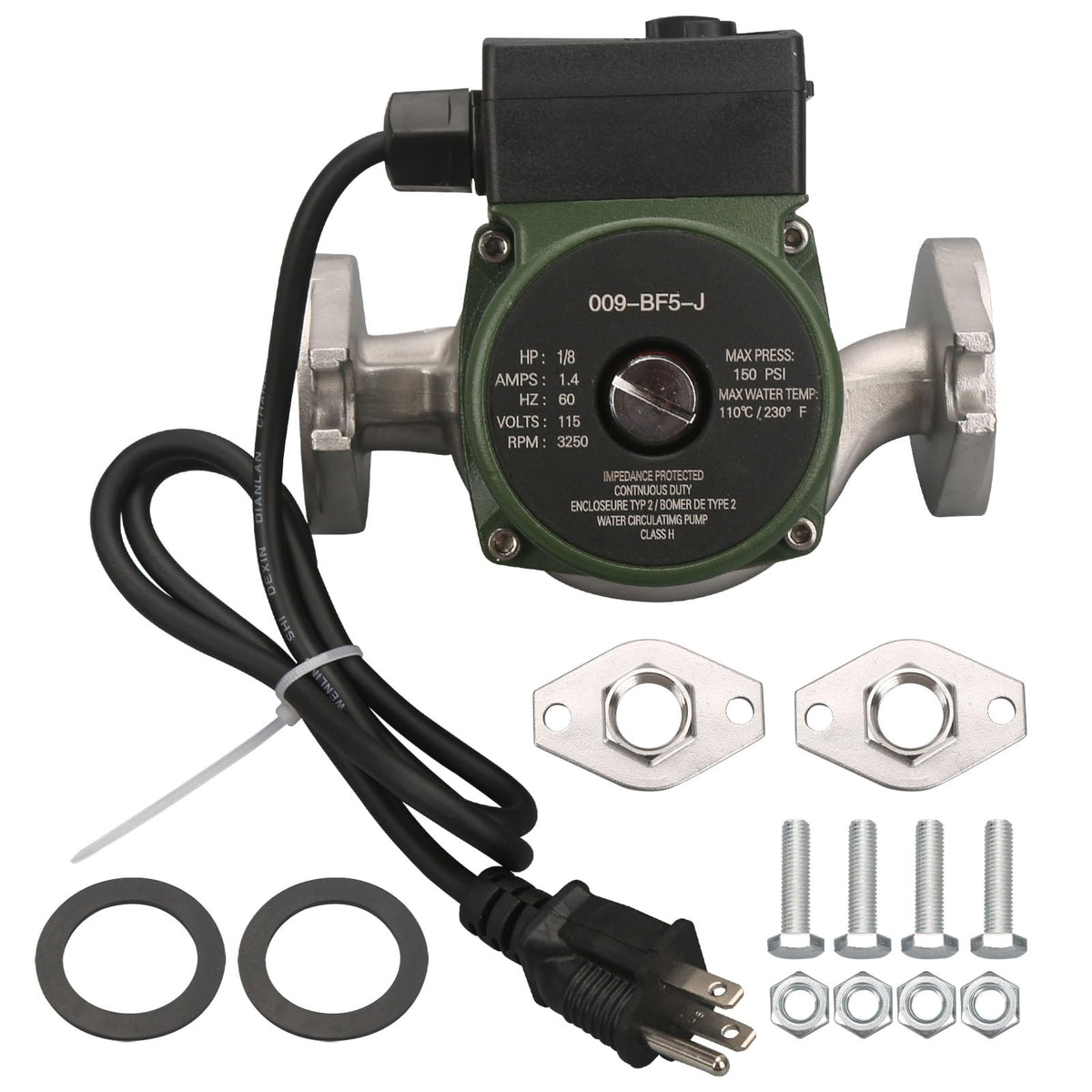 009-BF5-J Stainless Steel Water Circulator Pump 1/8 HP 115V 60Hz for Hydronic Heating Boiler Hot Water Circulation System