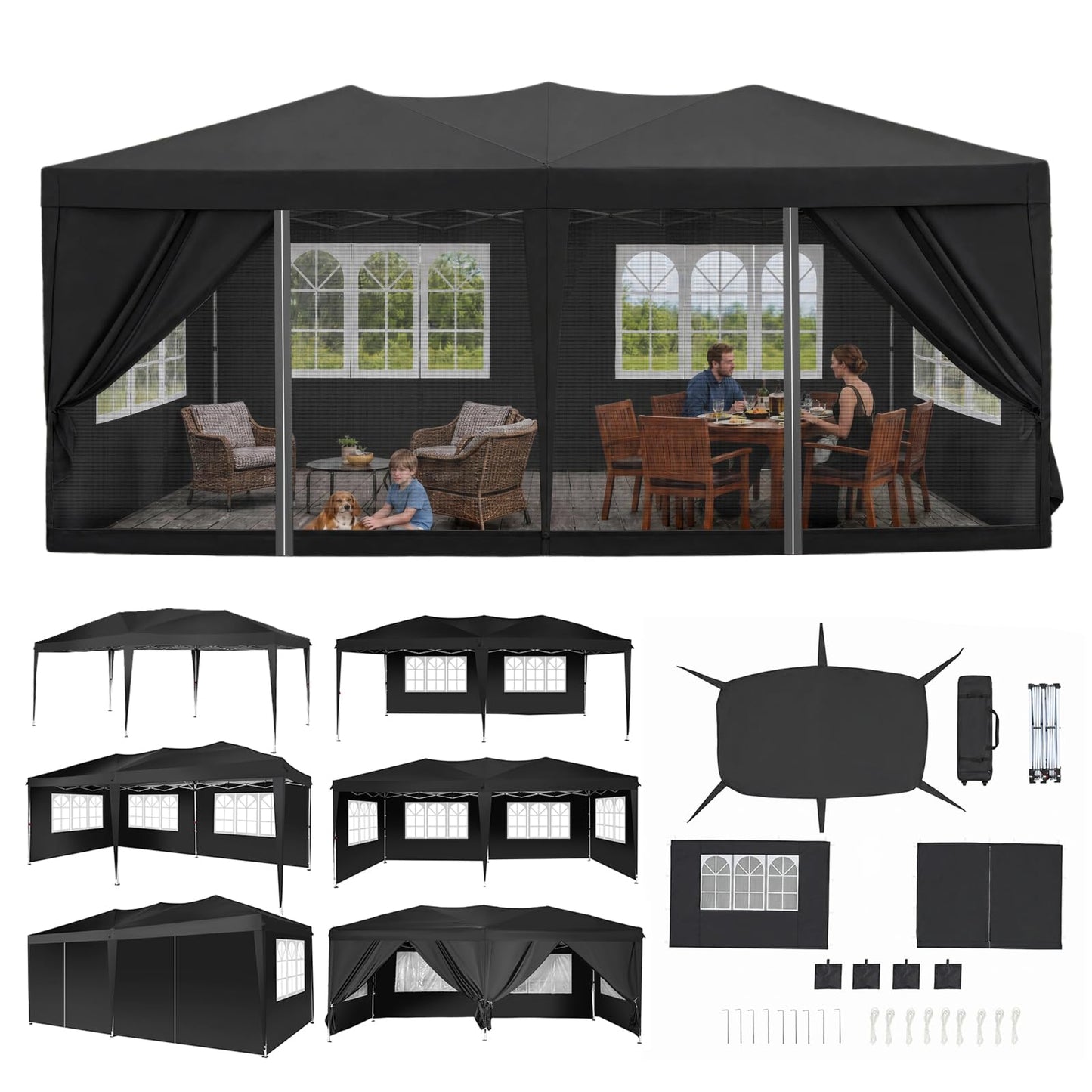 NorthSky10x20 Pop Up Canopy Easy Set-up Tent, Portable Outdoor Canopy Instant Tent with 6 Sidewalls & 2 Mosquito Netting,Commercial Gazebo Home, Party & Outdoor Activities(Black)