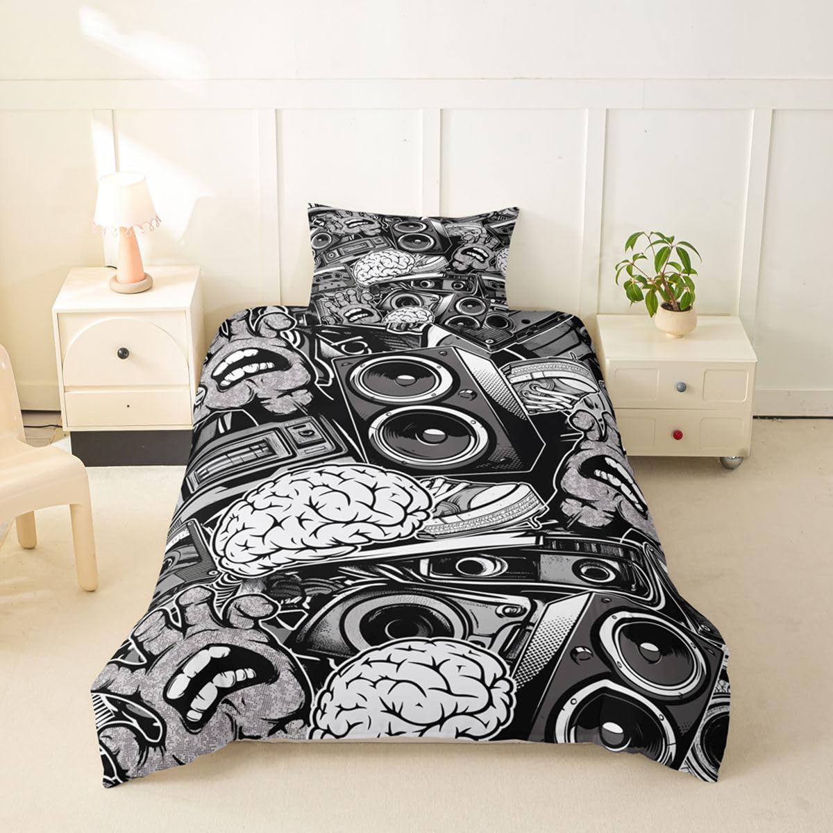 Feelyou Graffiti Bedding Set for Teens Boys King Rock Music Theme Duvet Cover Set Hip Hop Comforter Cover Set Kids Teenage Street Art Quilt Cover Hippie Room Decor Bedding with 2 Pillow Shams (3Pcs)