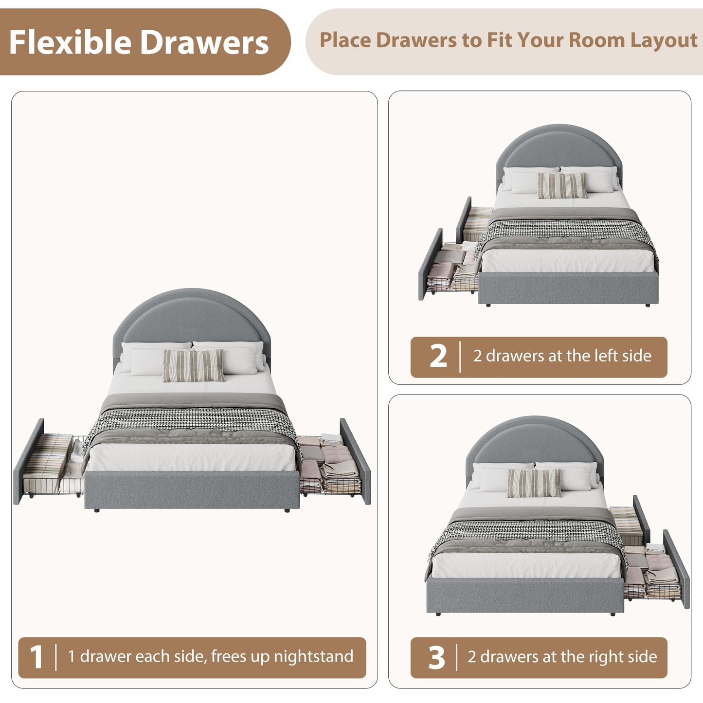 Garvee Queen Size Bed Frame with Storage Drawers, Upholstered Boucle Platform Bed with Round Headboard, Heavy Duty & Noise Free, No Box Spring Needed, Grey