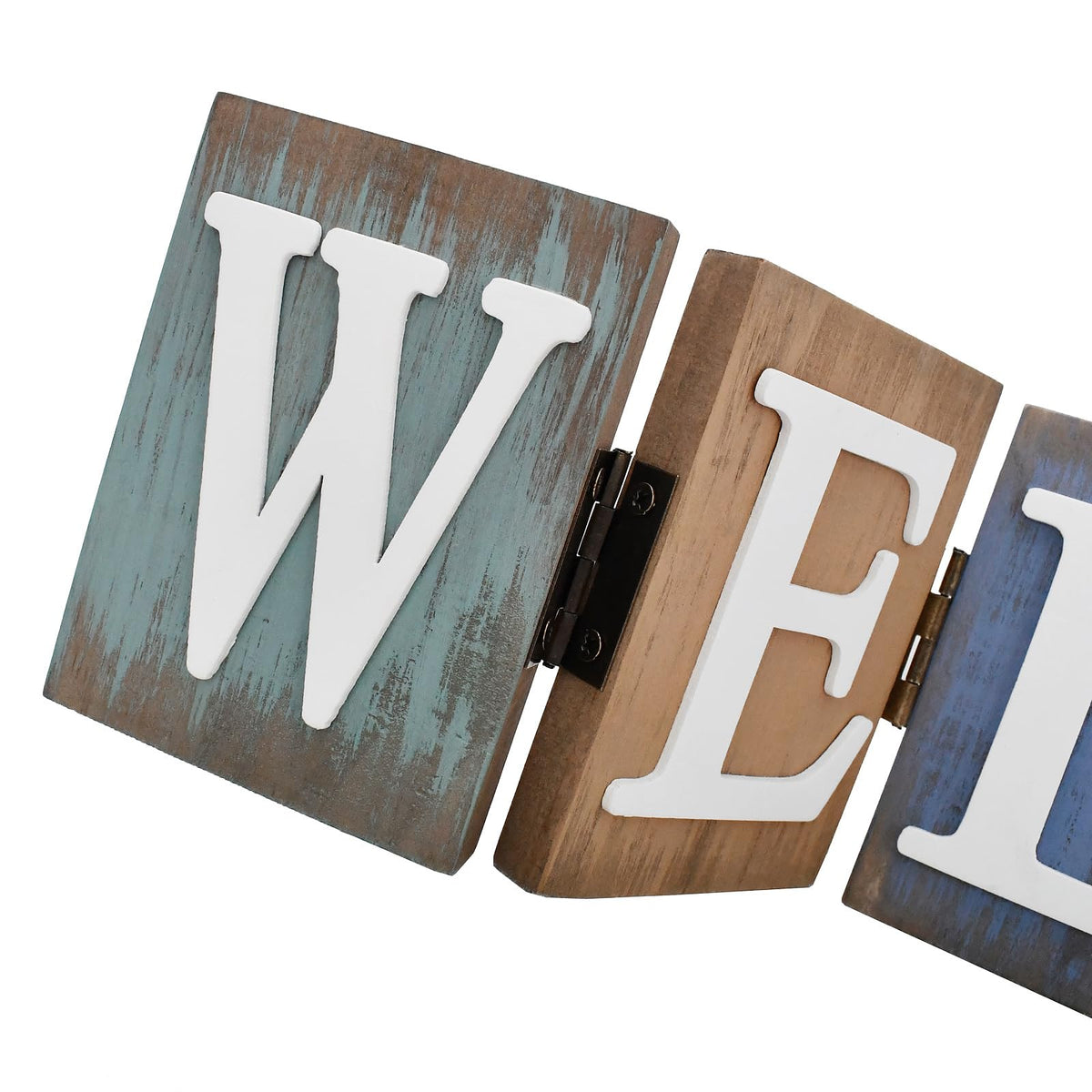 Rustic Wood Welcome Sign Cutout, Teal Wooden Tabletop Folding Decorative Word Sign, Freestanding Hinged Block Letters Home Decor