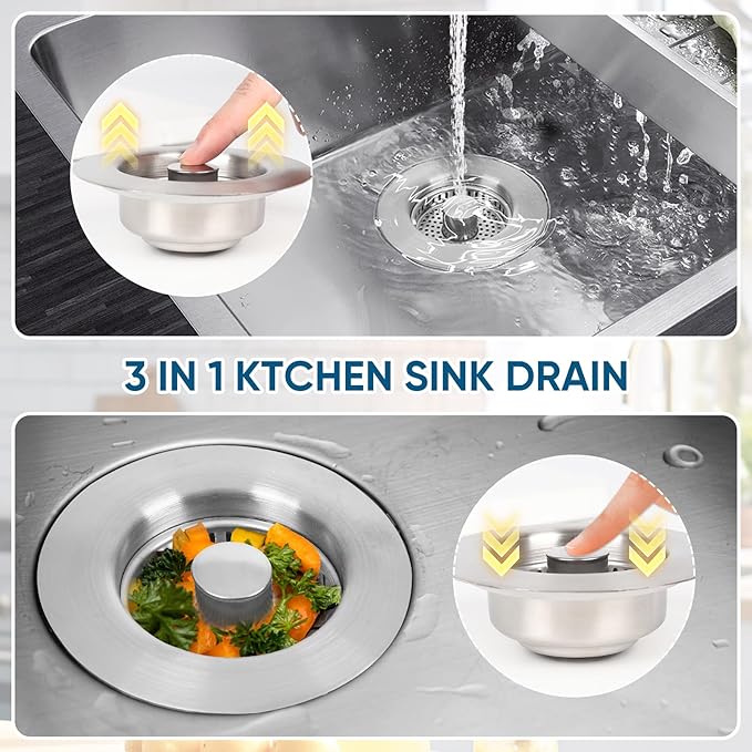 Upgraded 3 in 1 Kitchen Sink Drain Strainer & Sink Stopper, 304 Stainless Steel