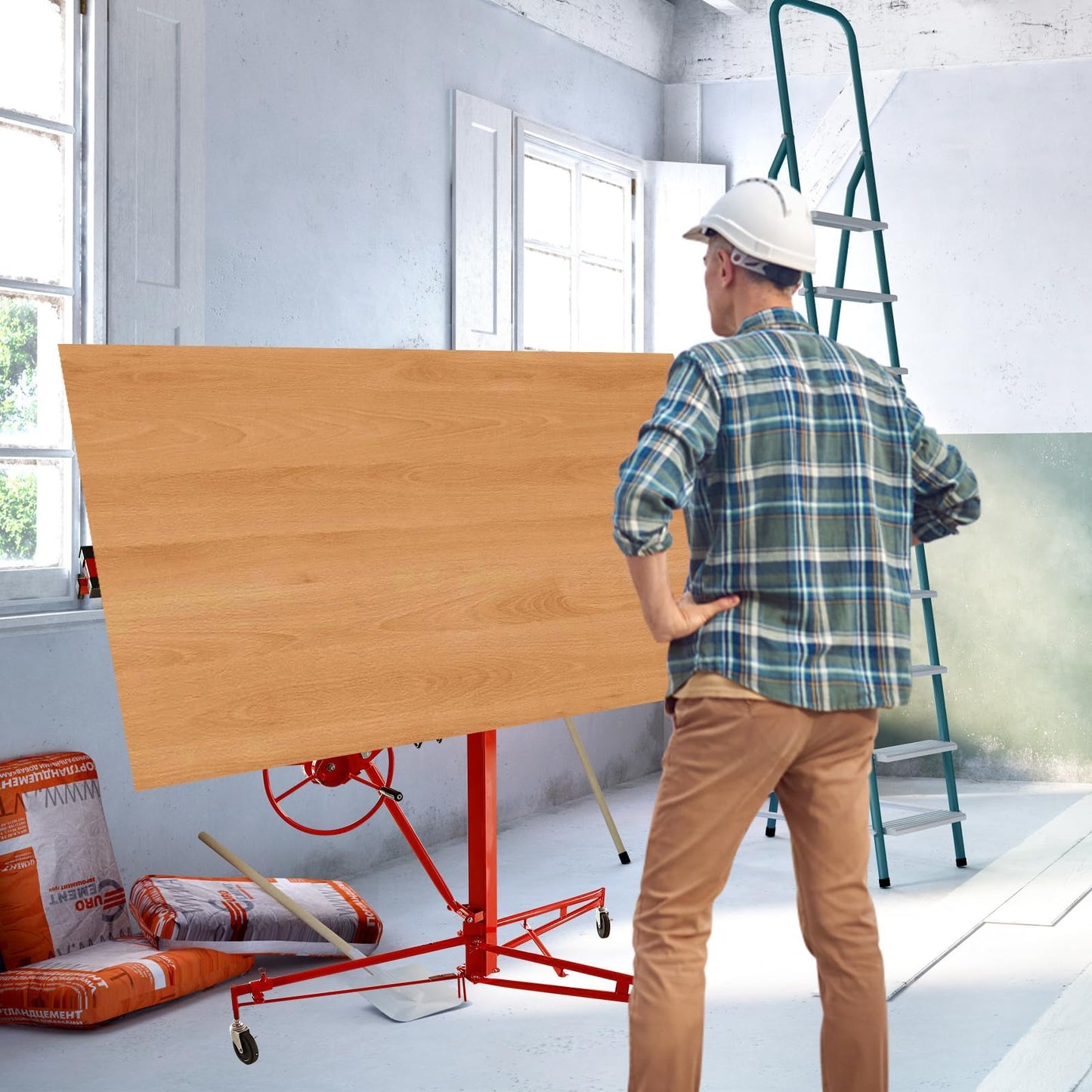150LBS Heavy Duty Rolling Lifter Panel Perfect for Both Home & Commercial, 11FT Sheetrock Hoist Holder with Caster Construction Lockable Tool(Red)