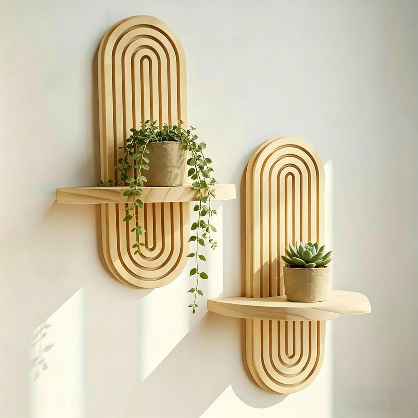 Natural Solid Wood Arched Wall Mount Shelf, Floating Decor Display Shelving for Succulents, Mini Plants, Home Decor & Bathroom Small Ornaments (Natural, 11.8" X 7.8")