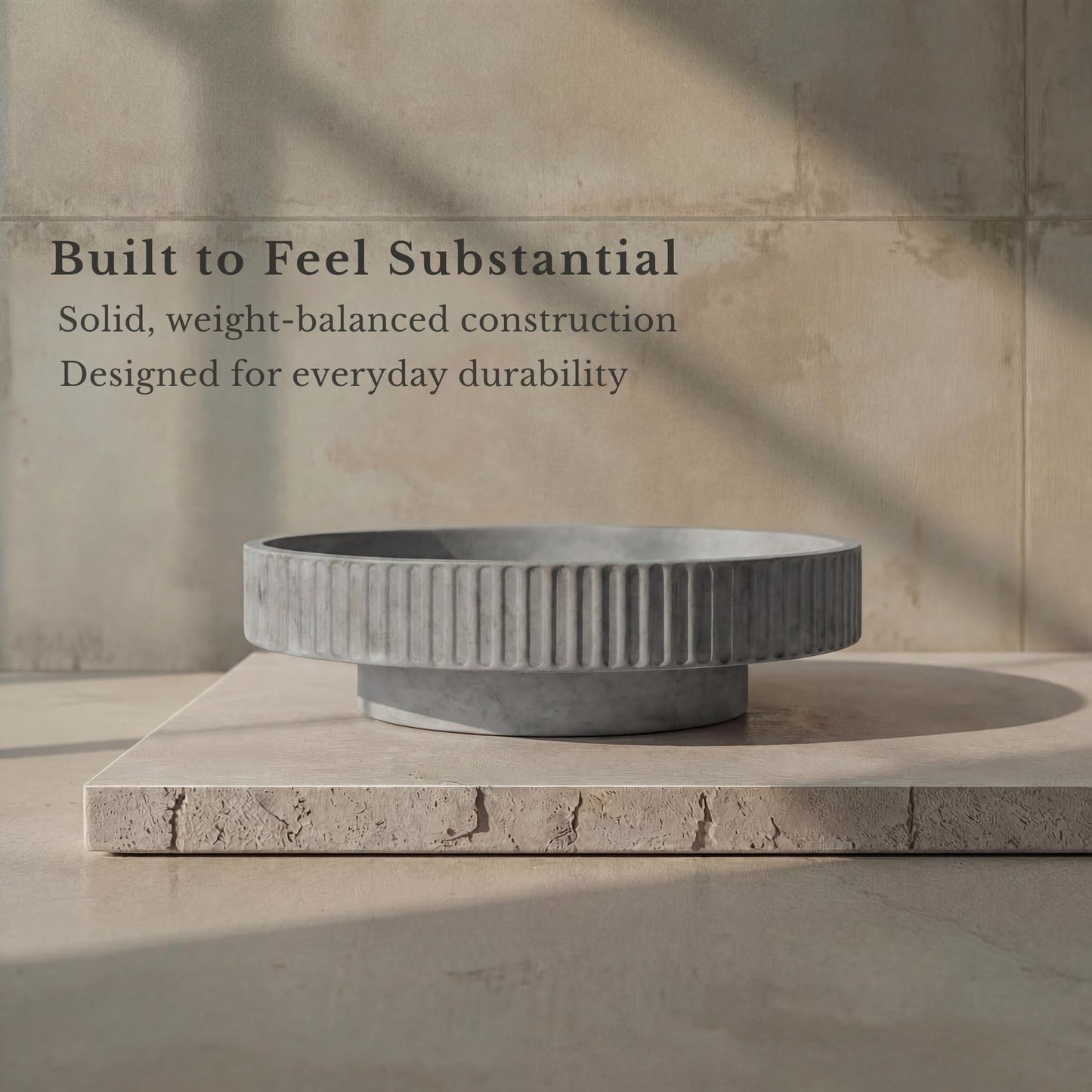 JUPTR Concrete Fruit Bowl (12") – Shallow Fluted Pedestal Decorative Centerpiece Bowl for Table, Entryway Catch-All & Modern Home Decor – Heavyweight Stone Bowl (Natural)