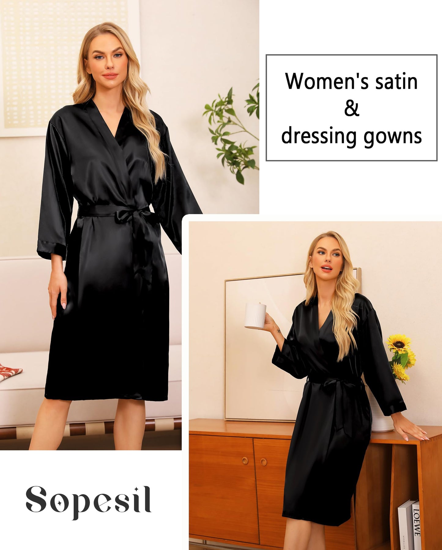 Sopesil Women's Satin Dressing Gowns Long Ladies Kimono Morning Robes Bridal Soft Wedding Party Sleepwear V-Neck,Black, L