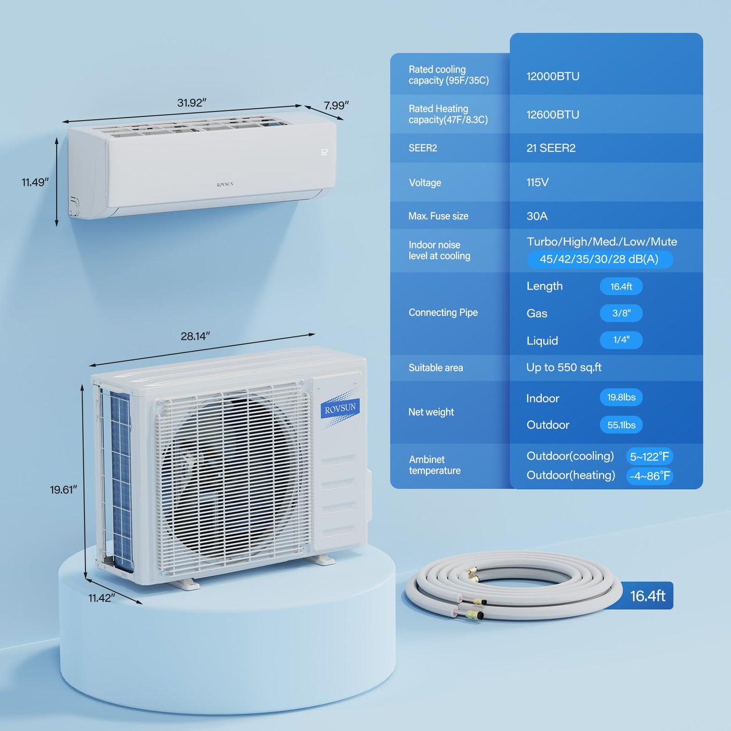 ROVSUN 12000 BTU Mini Split AC/Heating System with Inverter, 21 SEER2 Energy Saving 115V Ductless Split-System Air Conditioner with Pre-Charged Condenser, Heat Pump, Remote Control & Installation Kit