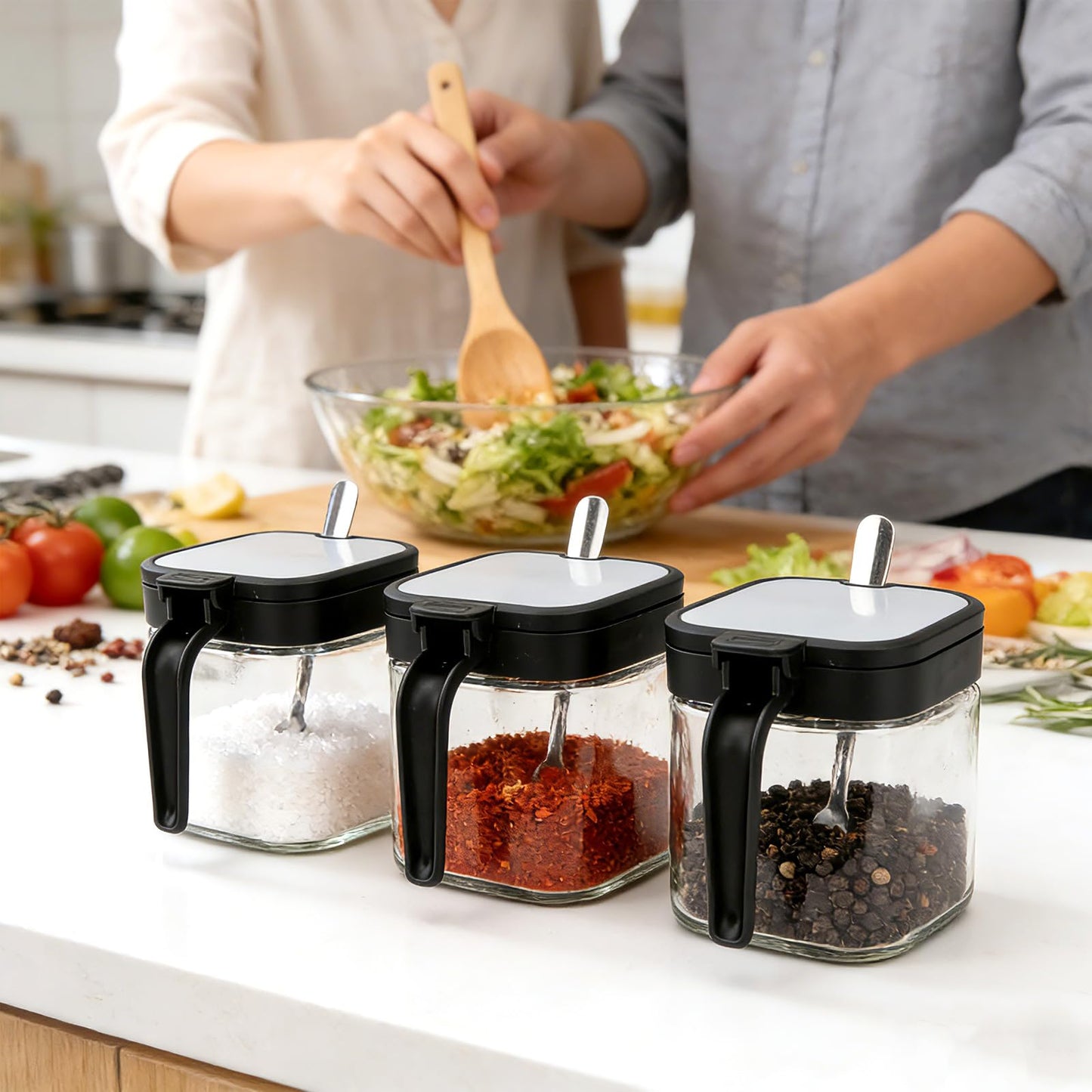 JBESUHI Set of 3 Black 8.6oz Clear Glass Condiment Jars with Lids & Spoons - Spice Canisters, Salt & Sugar Bowls for Kitchen Seasoning Storage