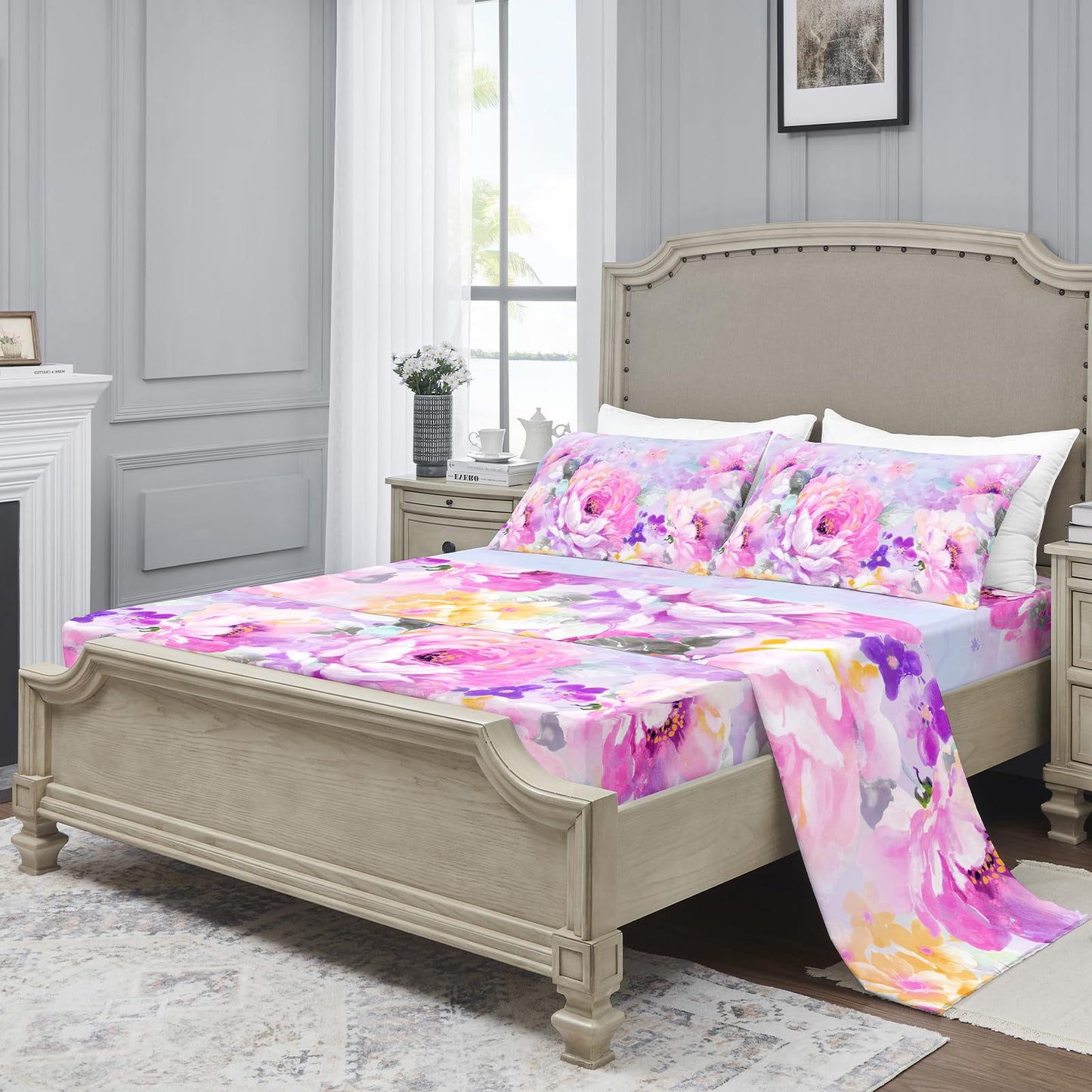 YIYEA Queen Sheet Set, Luxury 1800TC Hotel Quality Double Brushed Microfiber Floral Bed Sheets for Queen Size Bed, Extra Soft, Deep Pocket, Shrinkage and Fade Resistant, 4PC (Queen)