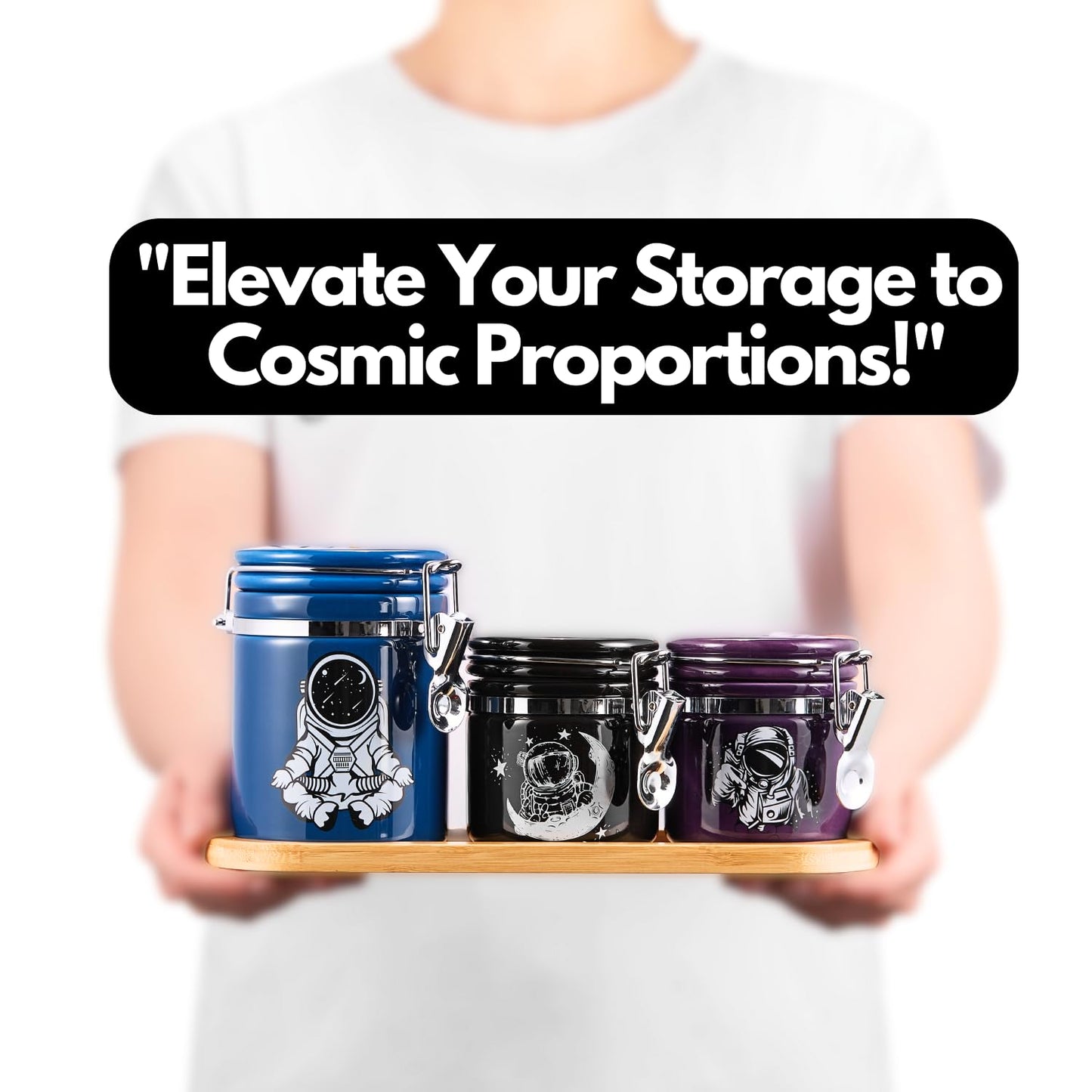Astronaut Smell Proof Jar Bundle - 3 Pack (1L+2S), Pottery Smell Proof Container with Bamboo Holder Kit, Versatile Airtight Storage Set Cute Spaceman Gifts for Connoisseur - Blue Black Purple