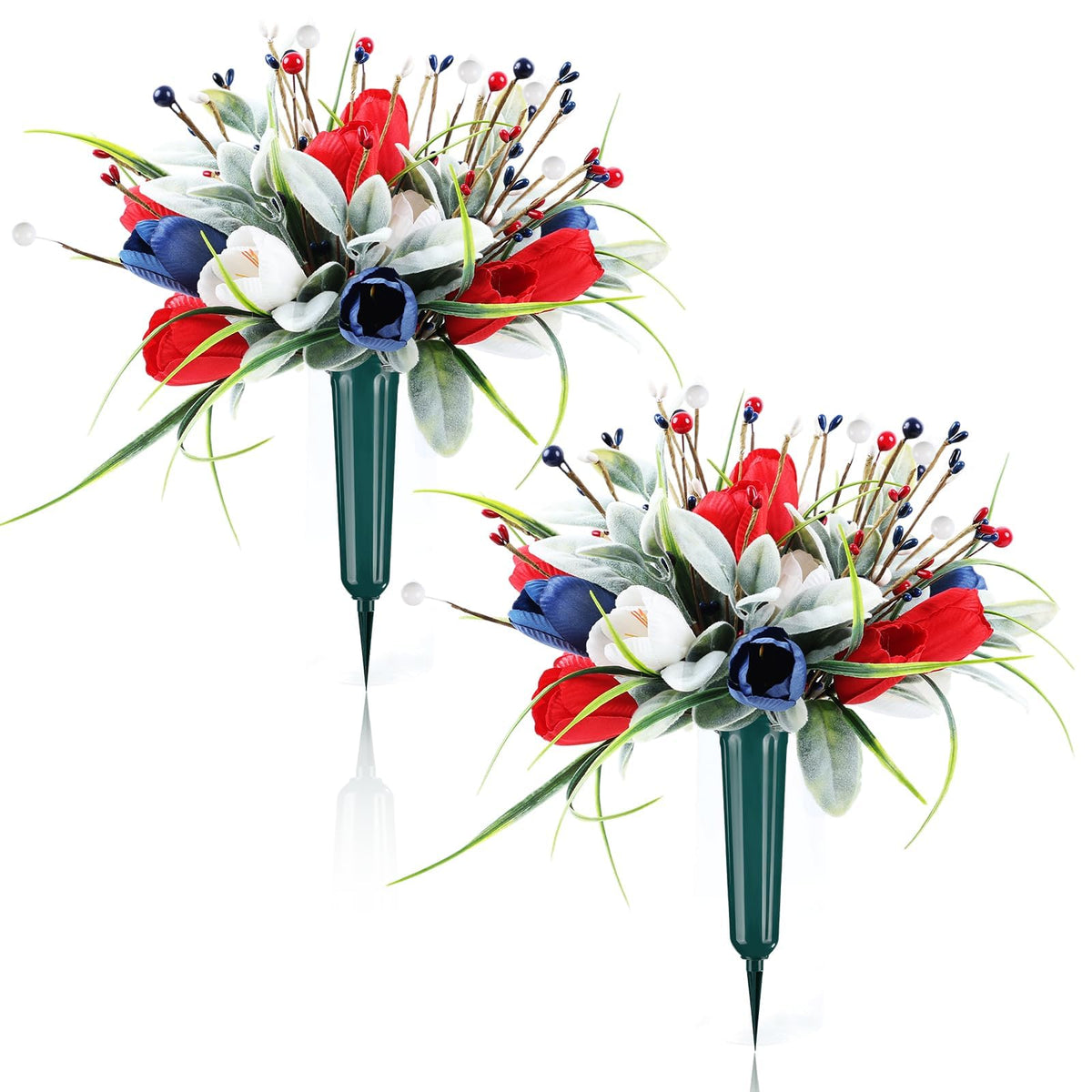 Memorial Day Flowers for Cemetery 2 Sets Artificial Patriotic Cemetery Flowers Red White Blue Roses with Berries & Lamb's Leaves for 250th Anniversary USA 4th of July Memorial Day Grave Outdoor Decor