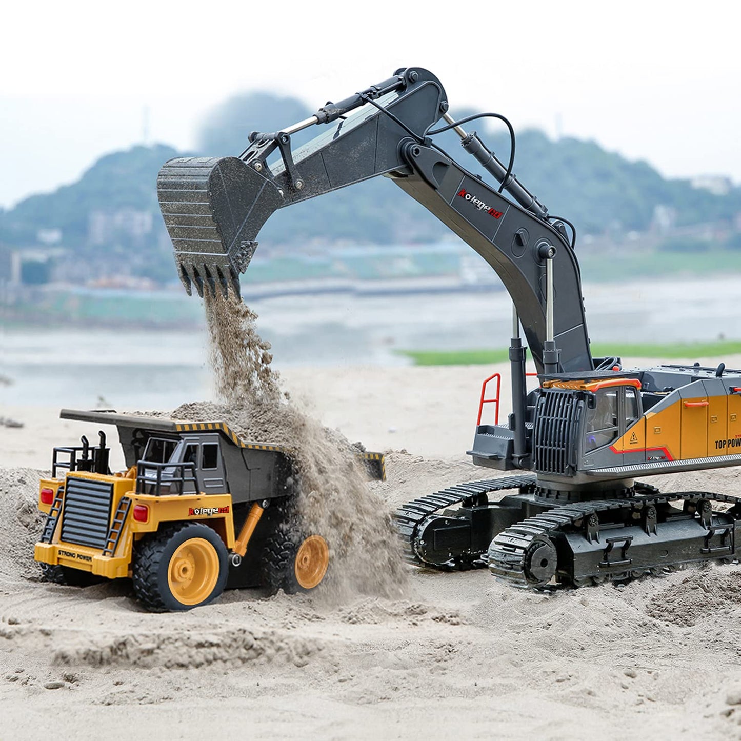 kolegend Remote Control Excavator Toy 1/14 Scale RC Excavator, 22 Channel Upgrade Full Functional Construction Vehicles Rechargeable RC Truck with Metal Shovel and Lights Sounds