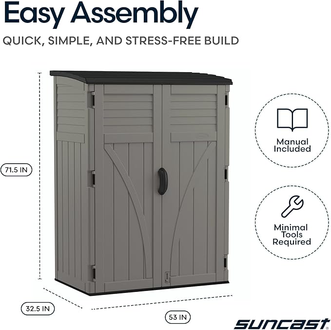 Suncast Outdoor Storage Cabinet Waterproof Resin Vertical Outdoor Storage Shed (54 cu. ft.) for Patio, Garden Tools, Cushions, & Equipment. Weatherproof Plastic Multi-Wall Design, Capacity Made in USA