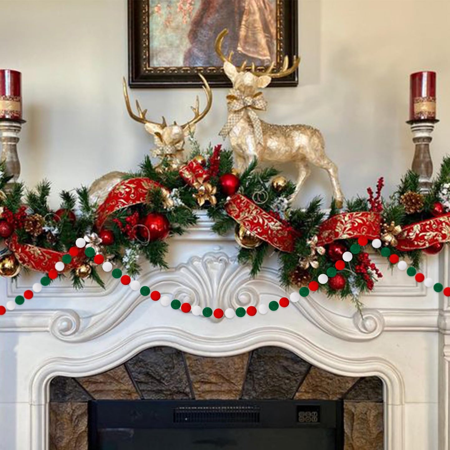GCQQ Christmas Garlands 1.2" Large Pom Pom Garland Boho Decor 16.4FT Red Green White 60 Felt Ball Garlands for Mantle Christmas Tree Party Decor(1.2"/3cm)