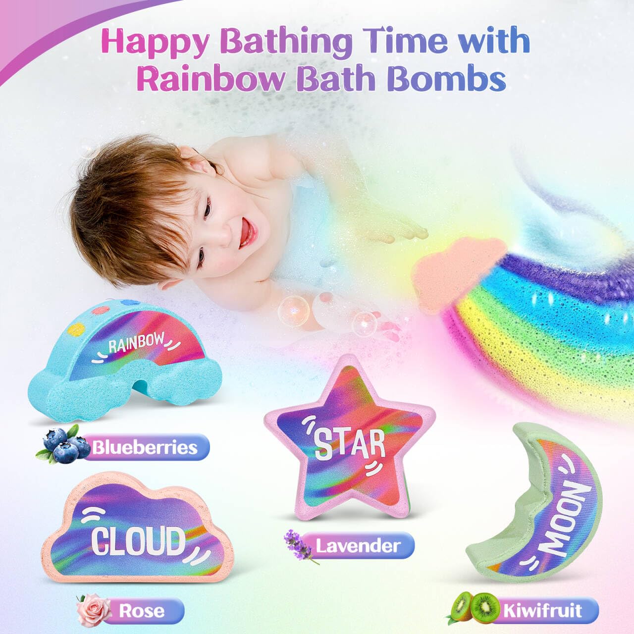 Rainbow Bath Bombs for Kids - 4 Pcs Handmade Natural Kids Bath Bombs, Organic Bubble Bath for Girls, Christmas Gifts for Kid Girls, Stocking Stuffers