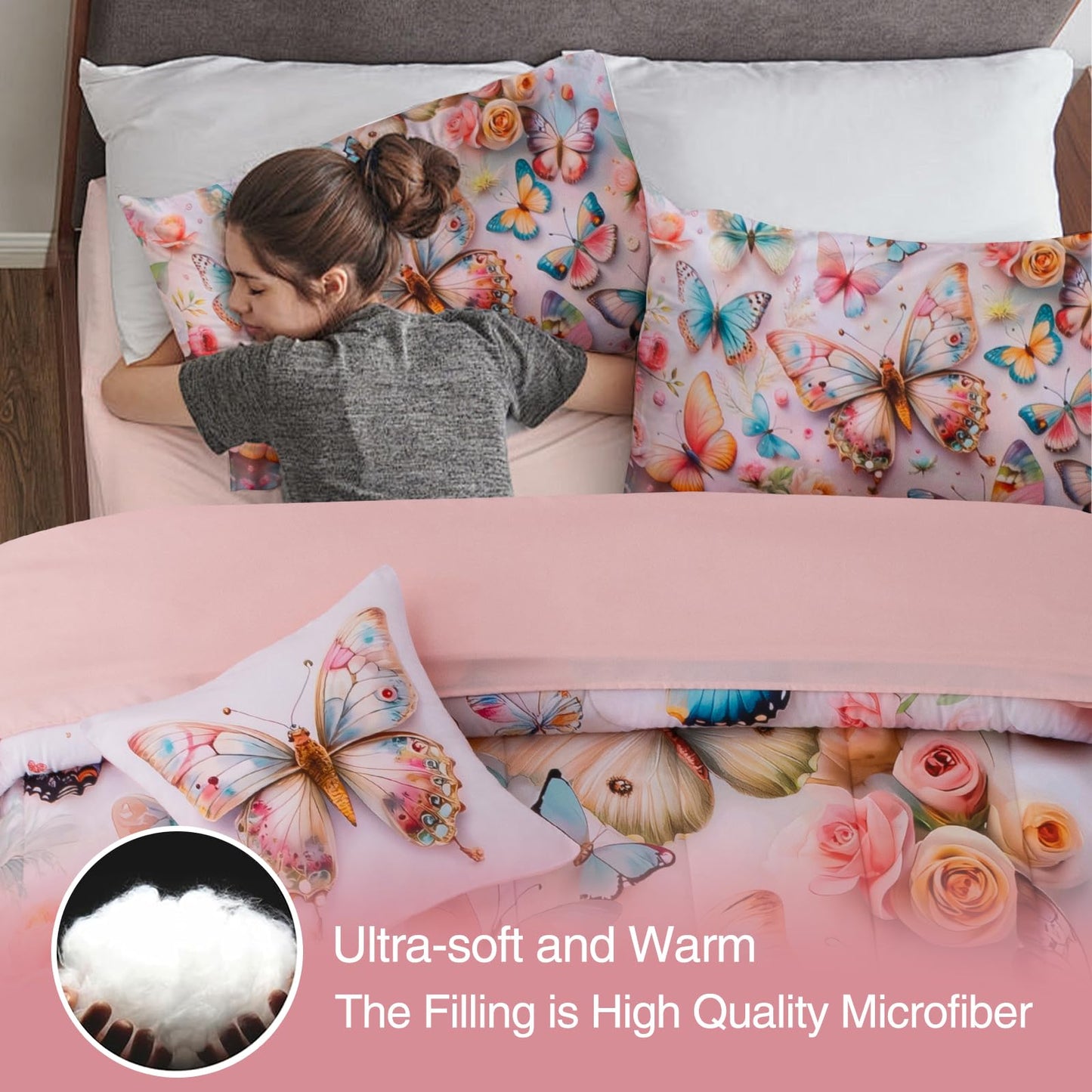A Nice Night 6pcs Bed in A Bag Pink and Blue Dreamy 3D Various Butterfly Printed, Colorful Butterflies Flying in Flower Design Bedding Full Comforter Set, for Girls Kids Teens