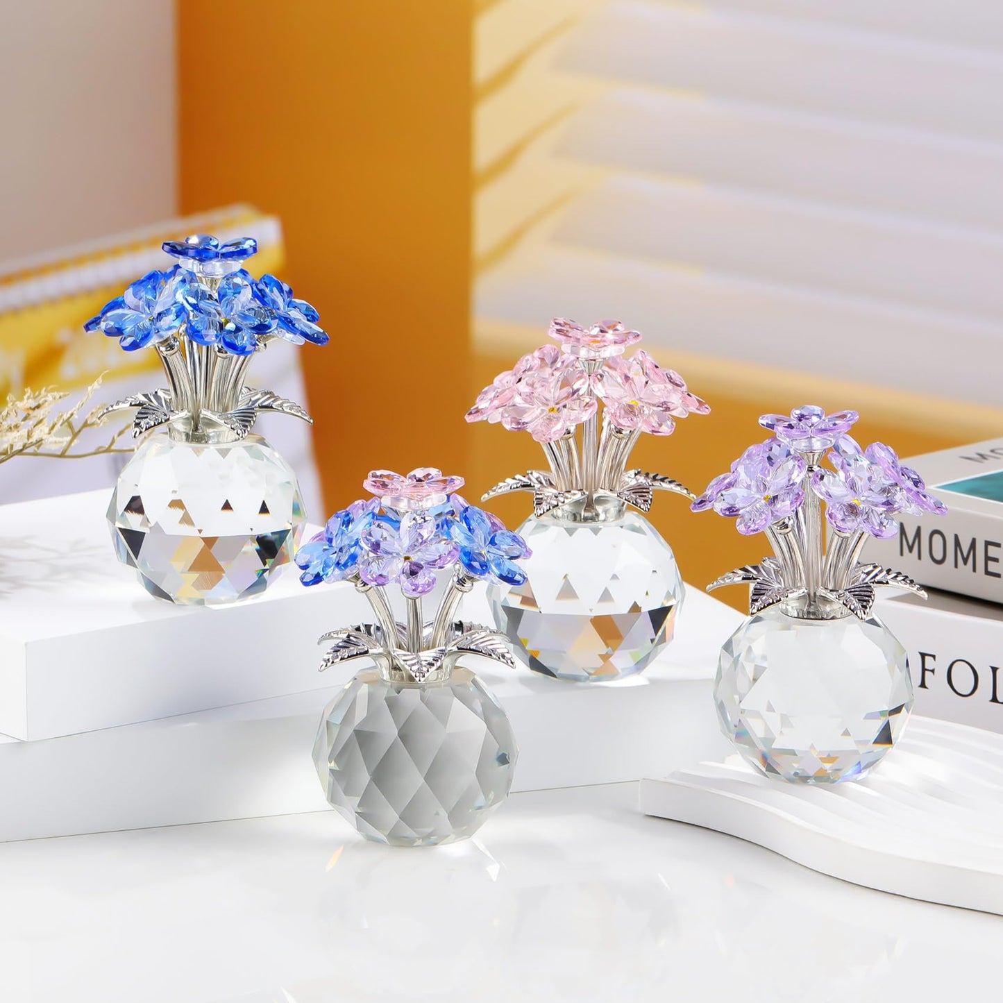 YWHL Pink Crystal Forget Me Not Figurines with Base, Crystal Glass Flower Gifts for Women, Handmade Flower Collectible Figurine Ornaments for Tabletop Centerpieces Home Decor