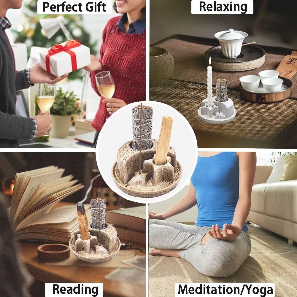 Aonfubu Palo Santo Stick Holder,Ceramic Sage Holder for Burning,4 in 1 Incense and Candle Holder,Ash Catcher Tray for Meditation Yoga Room Speckled White