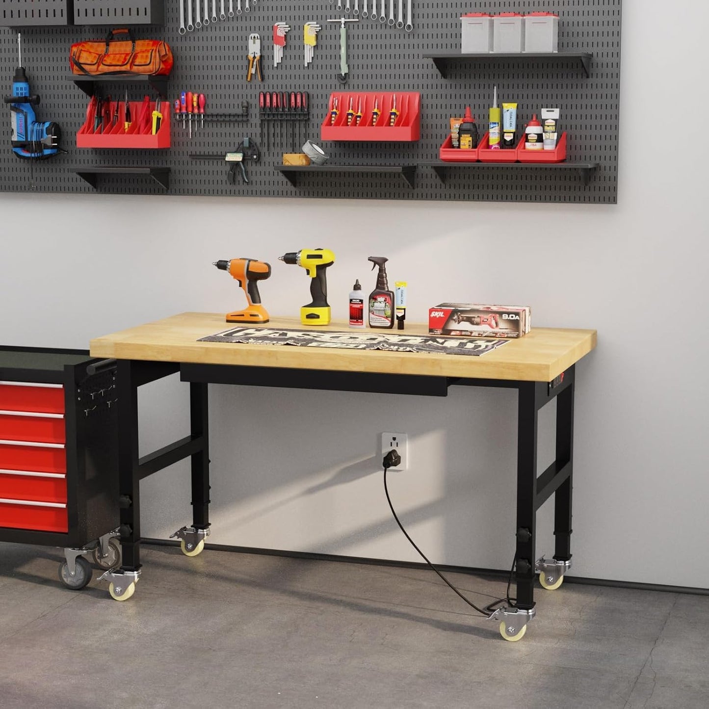 Pelnuies 48" Heavy Duty Work Bench with Drawers, Adjustable Height Workbench with Wheels, 2000 LBS Capacity Work Table with Power Outlets for Garage, Workshop, Office, Home