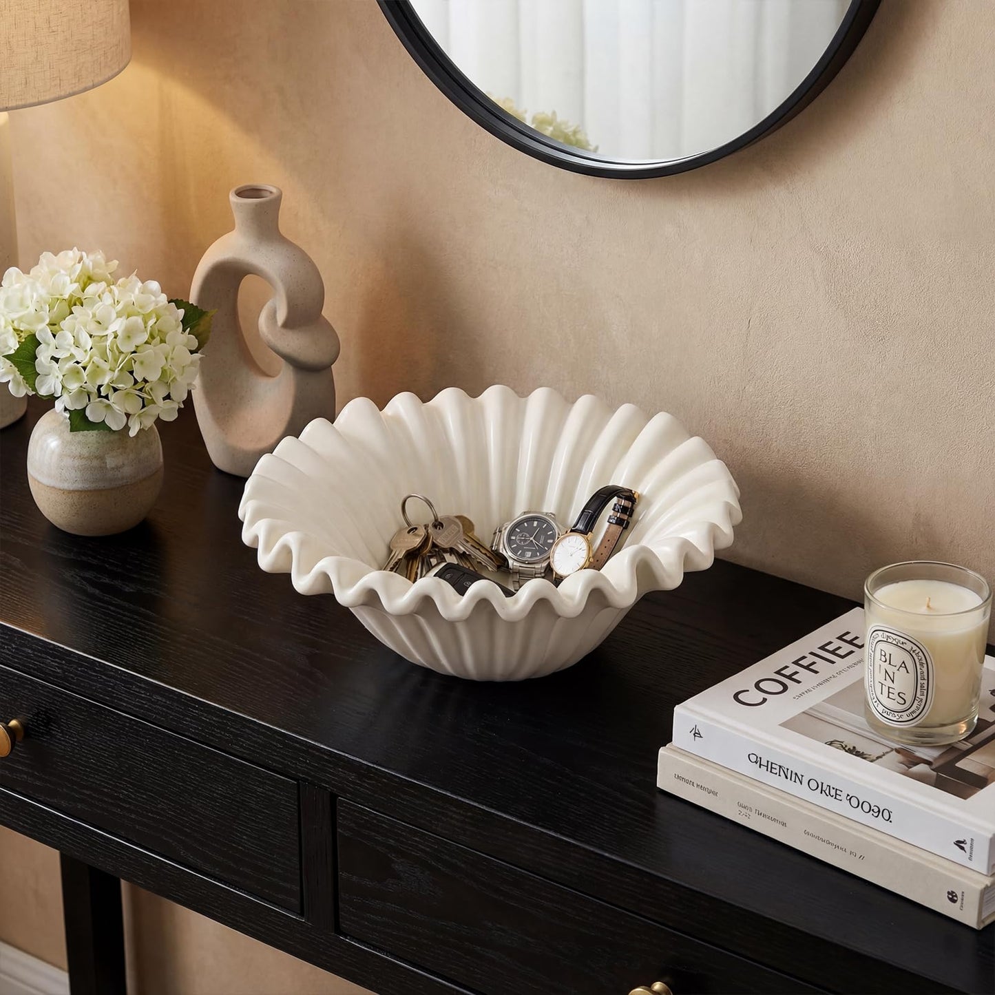 Prygew Large Decorative Bowl, 10 Inch White Ceramic Fruit Bowl for Kitchen Counter, Modern Scalloped Ruffle Key Bowl Decor for Jewelry, Entryway, Dining, Coffee Table