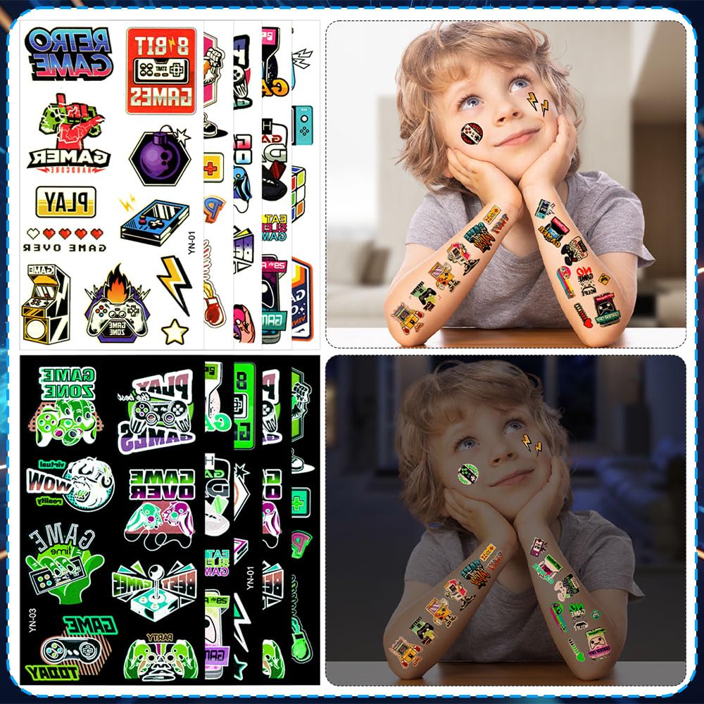 Mishopy 84Pcs Video Game Party Favors Birthday Supplies Kids Boys Invisible Ink Pen Notebook Silicone Bracelet Stamper Tattoo Sticker Gaming Toy Gift Bag Goodie Bag Stuffers Gamer Party Favors