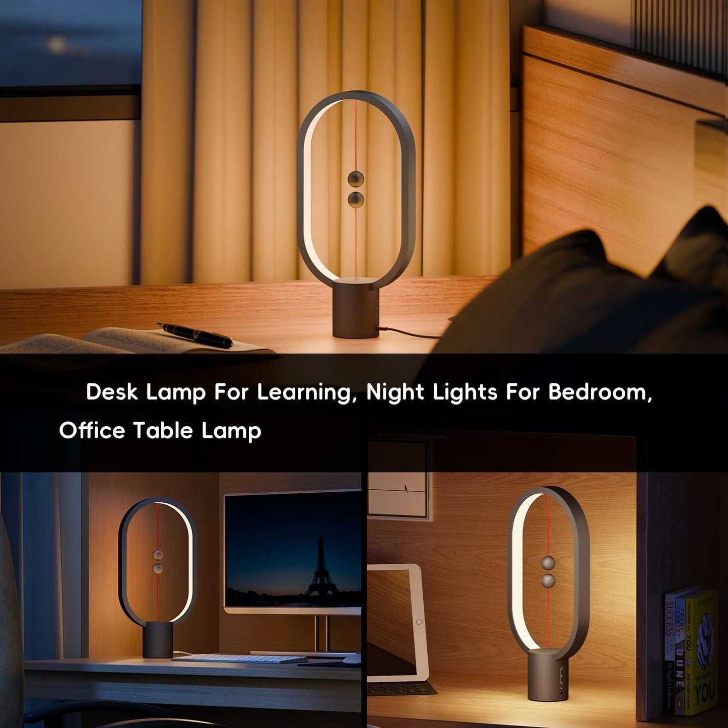 Xhope4u Table Lamp for Bedroom - Balance Lamp,Bedside Lamp with Touch Dimmer,Nightstand Lamp,3 Level Brightness Rechargered Night Light for Home,Office,College Dorm (Black)