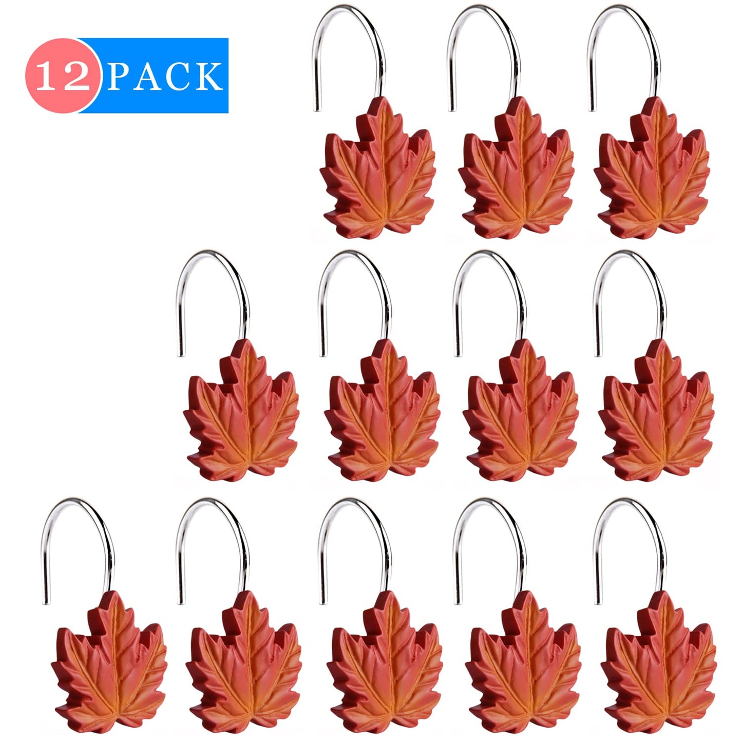 Maple Leaf Decorative Shower Curtain Hooks Rings for Fall Autumn Bathroom, Metal Shower Curtain Hooks for Halloween Thanksgiving Theme Bathroom Decoration (Red Maple Leaf)