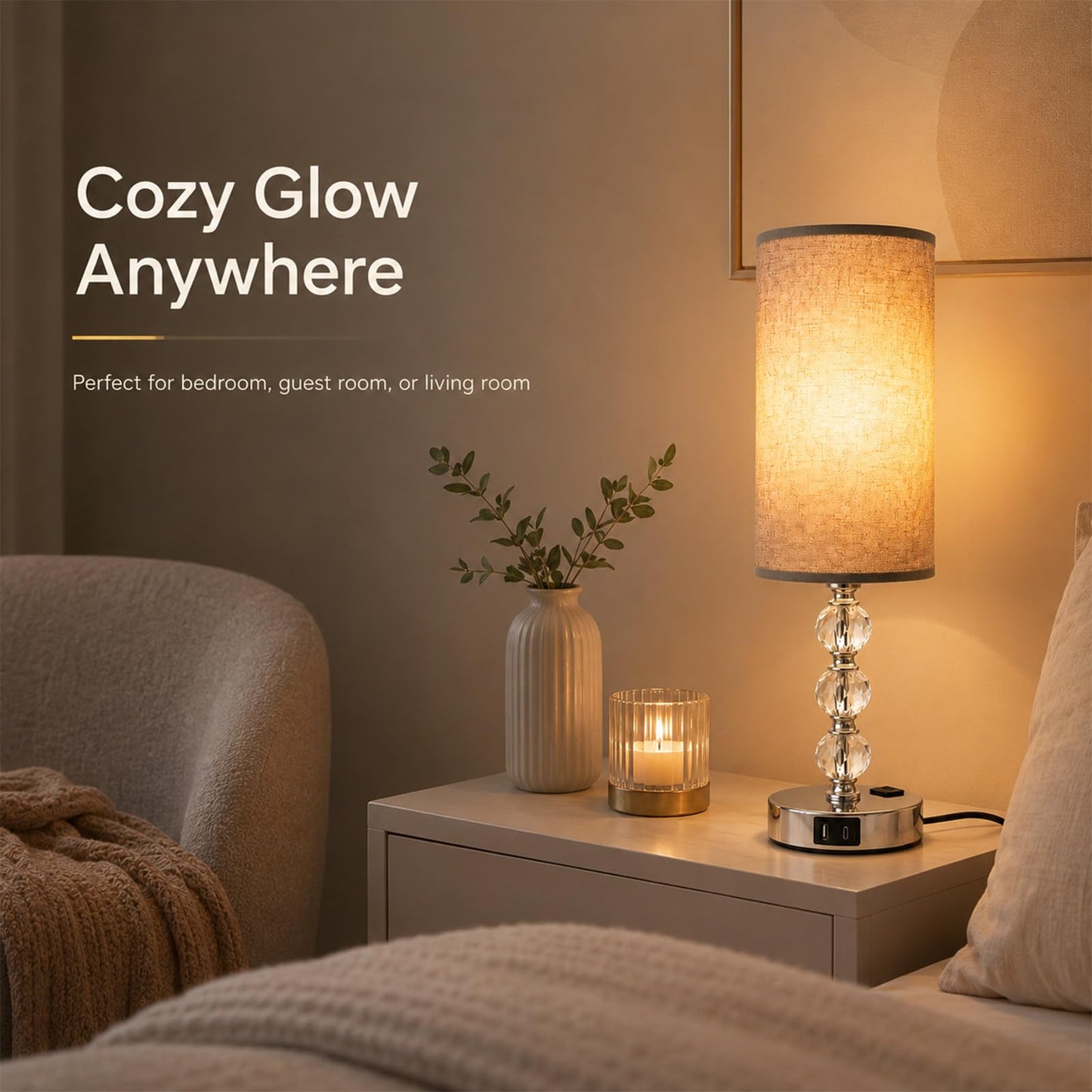 Wiomonrew Crystal Table Lamp 14.6", 3-Way Dimmable with Touch Control, USB Charging Ports & AC Outlet, Bulb Included, – 3000K Warm White for Bedroom Living Room