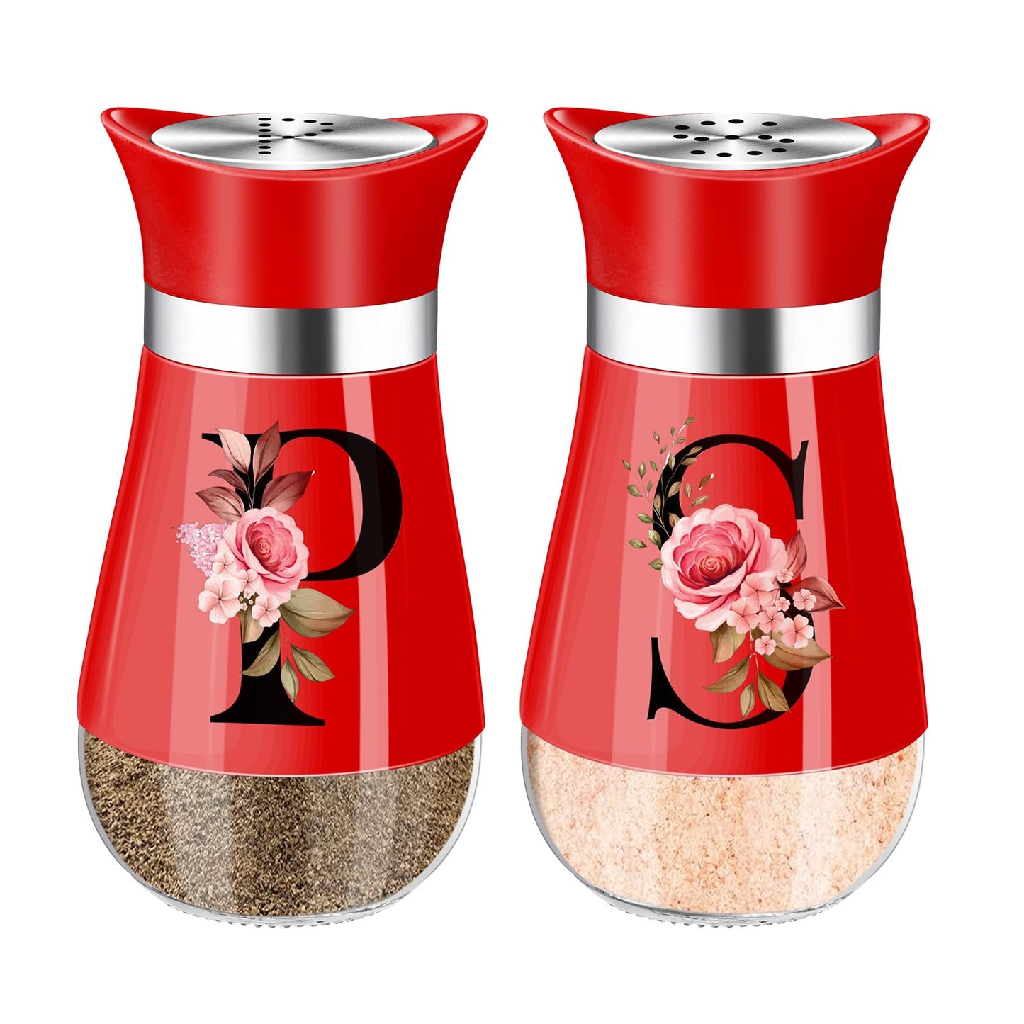 Salt and Pepper Shakers Set, 4 oz Red Kitchen Accessories, Stainless Steel & Glass Spice Dispenser Classic, Refillable Design, Farmhouse Salt Pepper Shakers Cute Kitchen Decoration (Red)