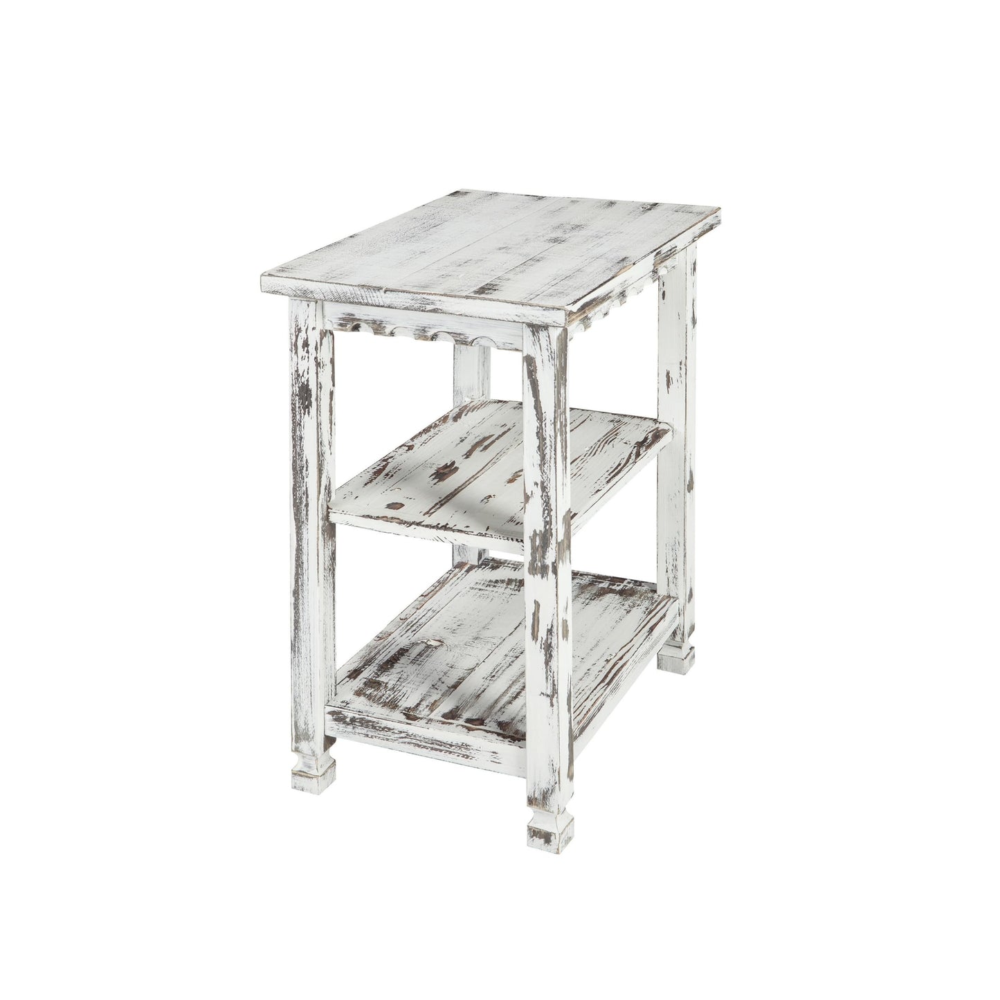 Alaterre Furniture Country Cottage Rustic Farmhouse Nightstand – 3-Tier Narrow End Table with Weathered Faded Finish, Carved Edges, & Turned Legs (Distressed Antique White)