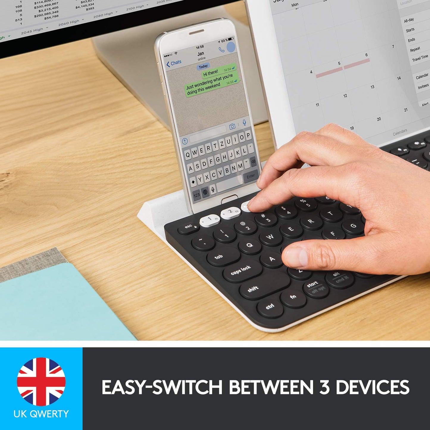 Logitech K780 Multi-Device Wireless Keyboard for Windows, Apple android or Chrome, Wireless 2.4GHz and Bluetooth, Quiet, PC/Mac/Laptop/Smartphone/Tablet, QWERTY UK Layout - Dark Grey/White