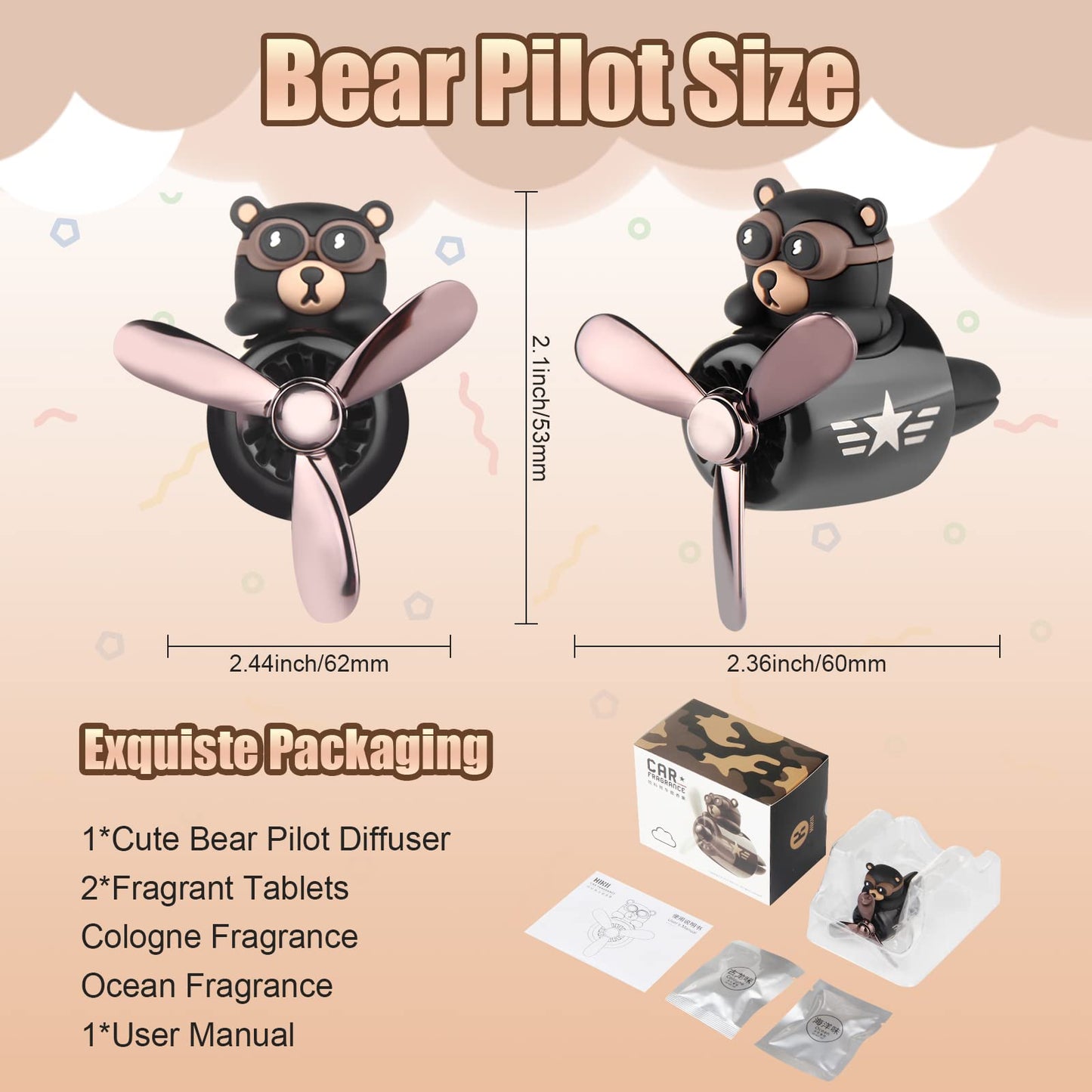 Car Air Freshener Cute Bear Pilot Halloween Car Perfume Diffuser Vent Clip Rotating Propeller Automobile Air Outlet Fan Aromatherapy Easter Halloween Gifts for Men Women(with 2 Incense Slices)