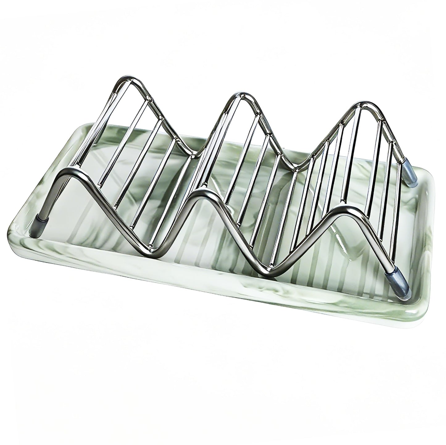 Lofekea Soap Dish, Stainless Steel Self Draining Shower Bar Soap Holder with Ceramic Dish Tray, W Style Soap Saver for Bathroom, Sink, Kitchen and Countertop(Green Texture)