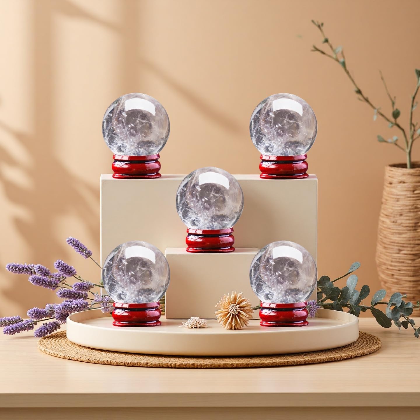 DUKIZA Natural Clear Quartz Crystal Sphere with Stand,5PC Real Crystals Ball, Clear Quartz Small Ball Decor (Clear Quartz Ball)