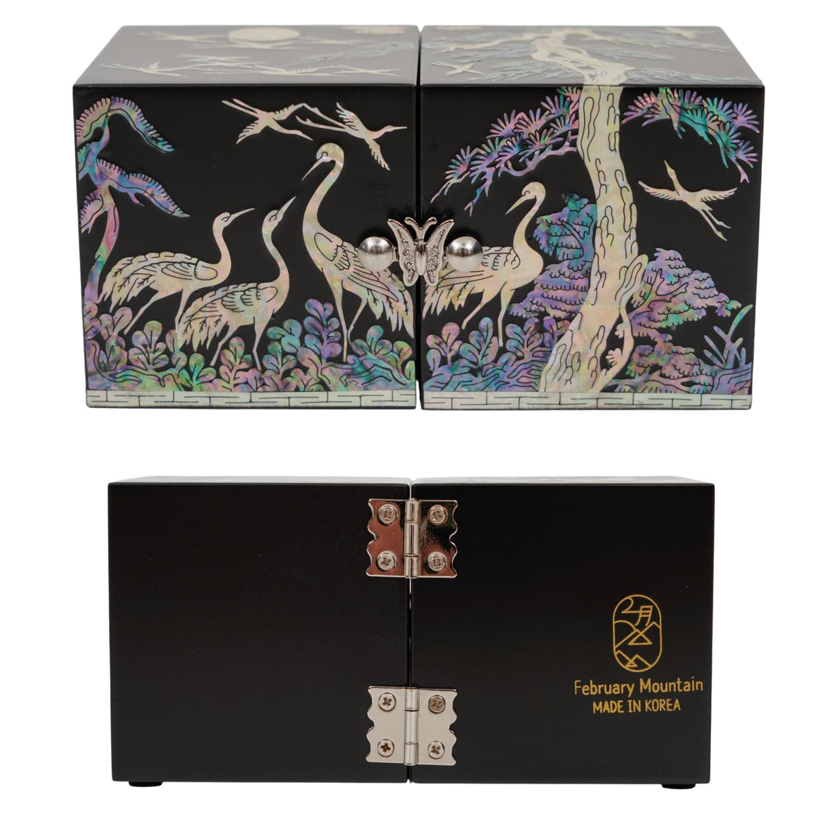 February Mountain Mother of Pearl Sea Shell Inlaid Wooden Cube Jewelry Organizer Box - Perfect for, Bracelets, Trinkets, Watches, Earrings, Chains & Accessories