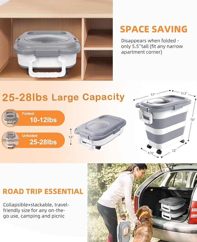 25-28lbs Dog Food Storage Container, Collapsible Dog Food Container, Airtight