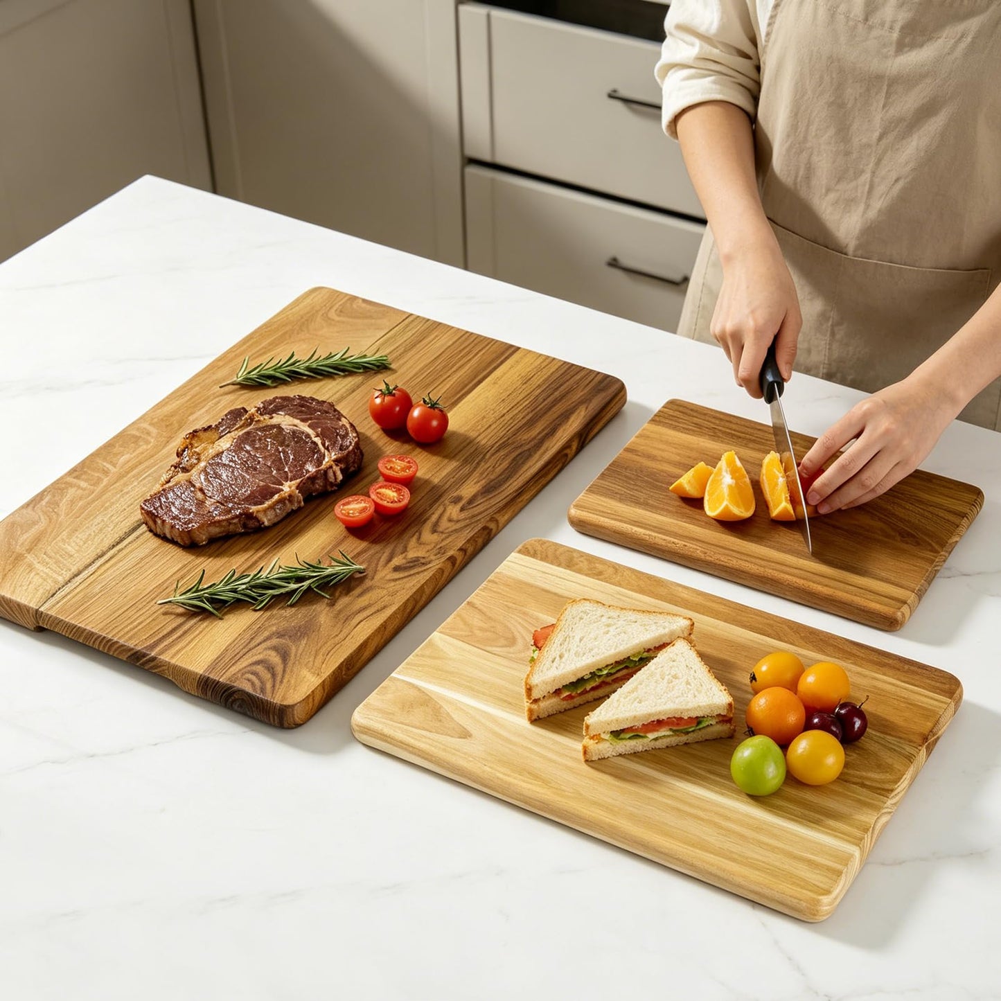 GrovePlatin Teak Wood Cutting Boards for Kitchen (Set of 3), No Juice Groove Chopping Board Charcuterie Cheese Board with Storage Stand