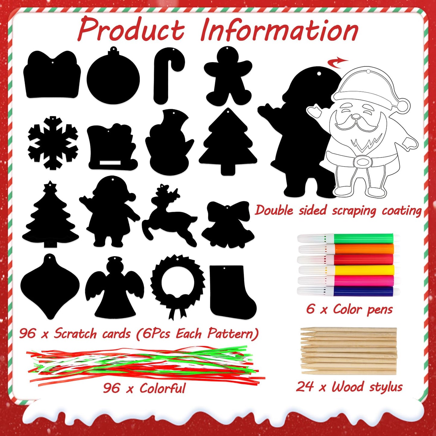 Natonhi 96pcs Christmas Crafts for Kids, Christmas Party Favors Magic Rainbow Scratch Paper Ornament with Wooden Drawing Sticks, Lanyards for Kid Holiday Party Gifts, Classroom Activities