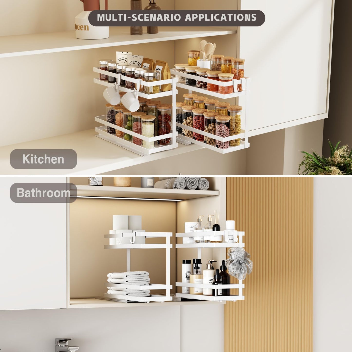 Magheo Pull Out Spice Rack Organizer for Cabinet, 2 Pack Metal Seasoning Organizer Slide Out Spice Storage Shelf No Assembly Vertical Spice Rack Pullout for Kitchen & Bahthroom No Drill(2 Tier,White)