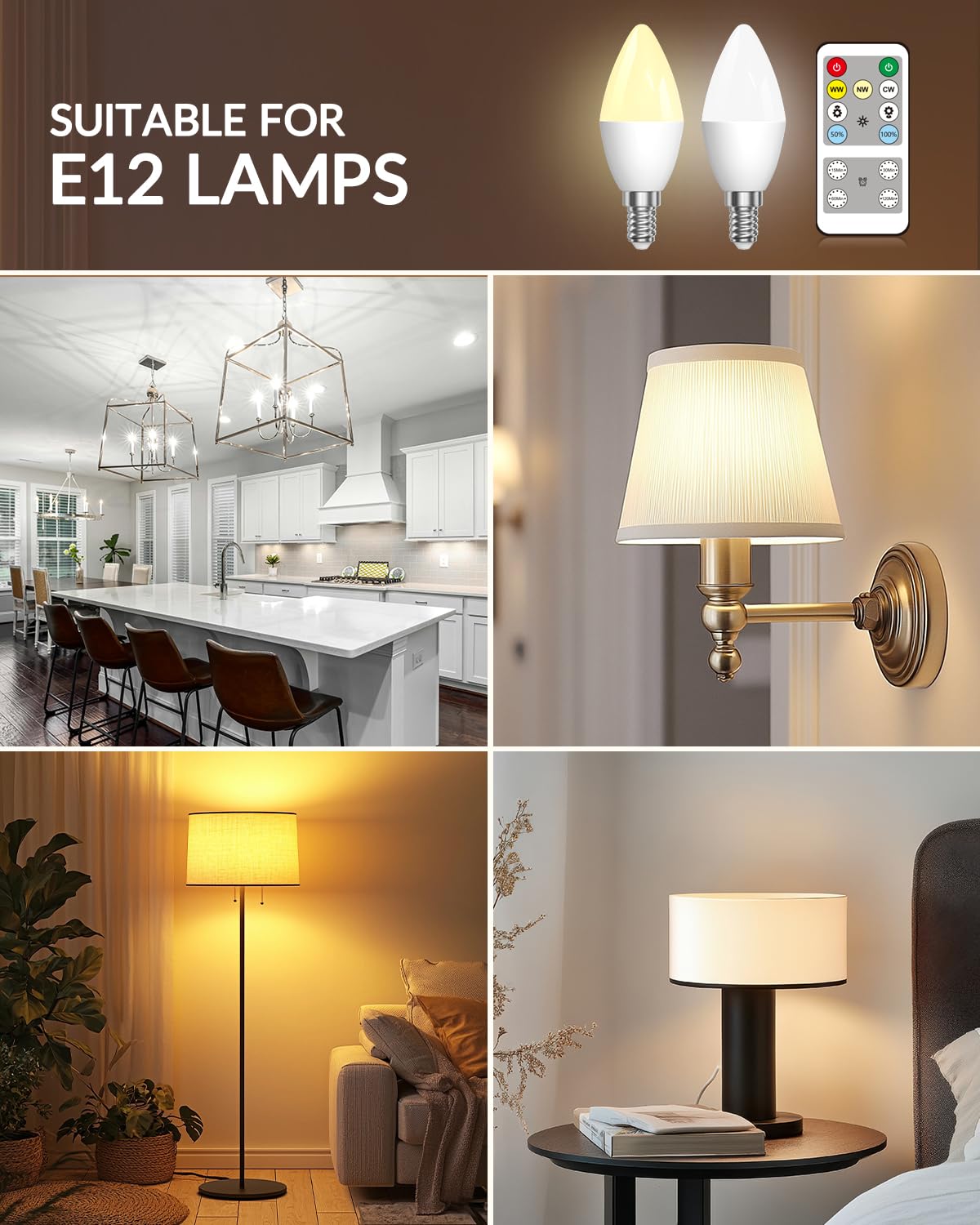 Lustaled 4W E12 LED Candelabra Light Bulbs with Remote Control, Dimmable B11/C37 Candle Bulb 40 Watt Equivalent, 3 Color & Timer 120V for Chandeliers Ceiling Fans Night Lamps, Non-Rechargeable
