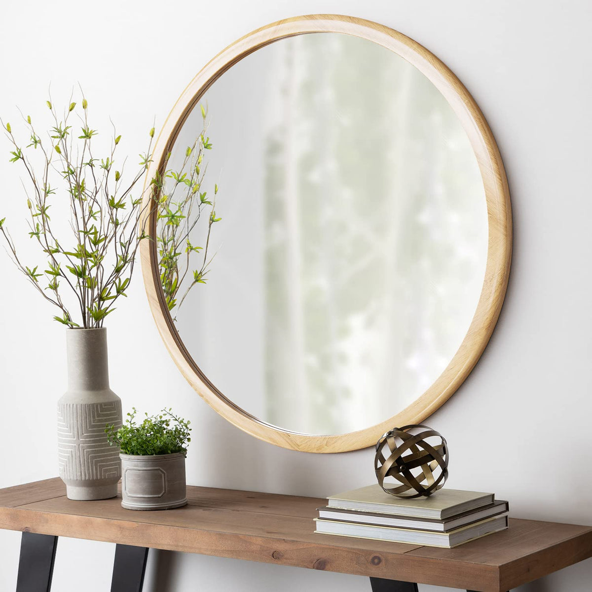 GLCS GLAUCUS Round Wood Mirror,32 inch Circle Wooden Natural Large Farmhouse Vanity Boho Decor Wall Mirror for Bathroom Bedroom Living Room Hallway