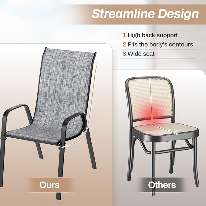 TLSUNNY Patio Chairs, Stackable Textilene Outdoor Dining Furniture for All Weather, with 17.7″ Wide Seat & Metal Frame, for Garden, Backyard, Deck, Restaurant, Poolside (8, Grey, 26.4″)