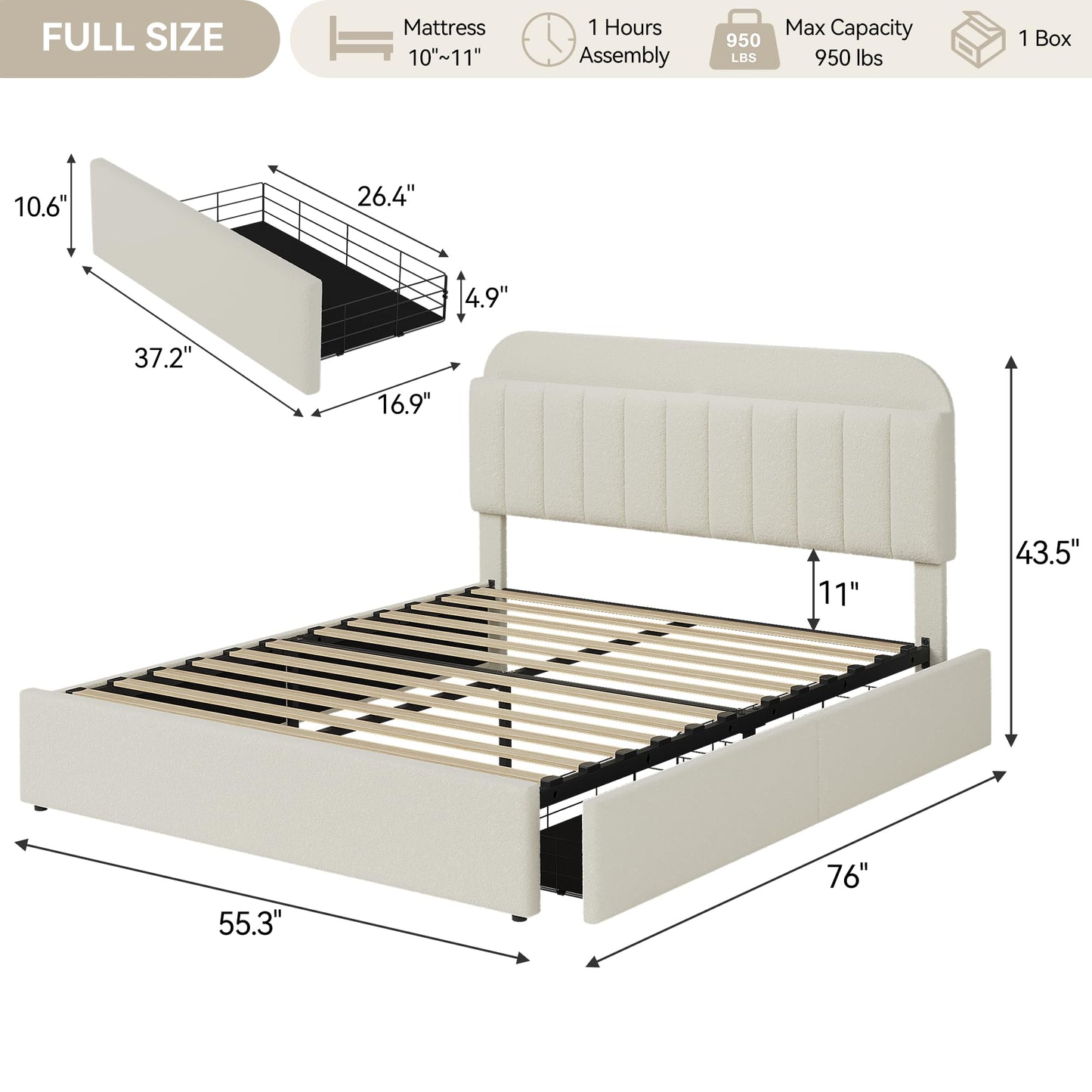 GarveeHome Full Bed Frame with Storage Headboard, Kids Bed Frame with 2 Drawers, Boucle Upholstered Platform Bed with Bookcase, No Box Spring Needed, Easy Assembly, Beige White