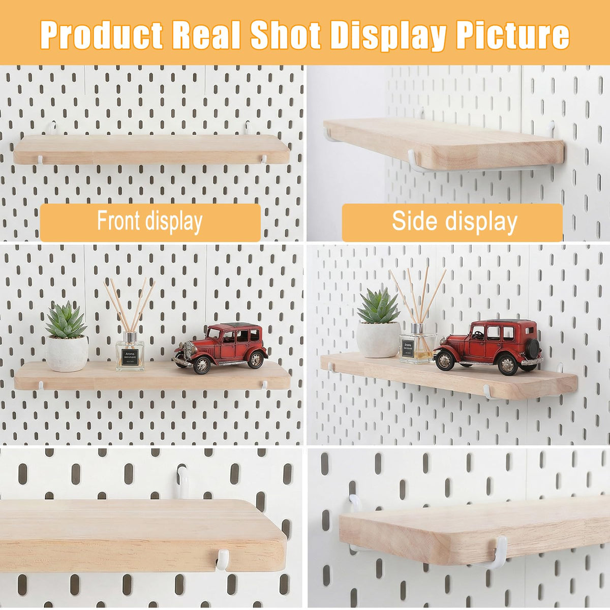 Afcabakila 2pcs Pegboard Shelf Solid Wood Wall Shelf with Hooks L11.8 *W3.9 inch pegboard Accessories pegboards Shelves Wooden peg Board Shelving for Home & Office,Crafts Room, Garage, Workbench