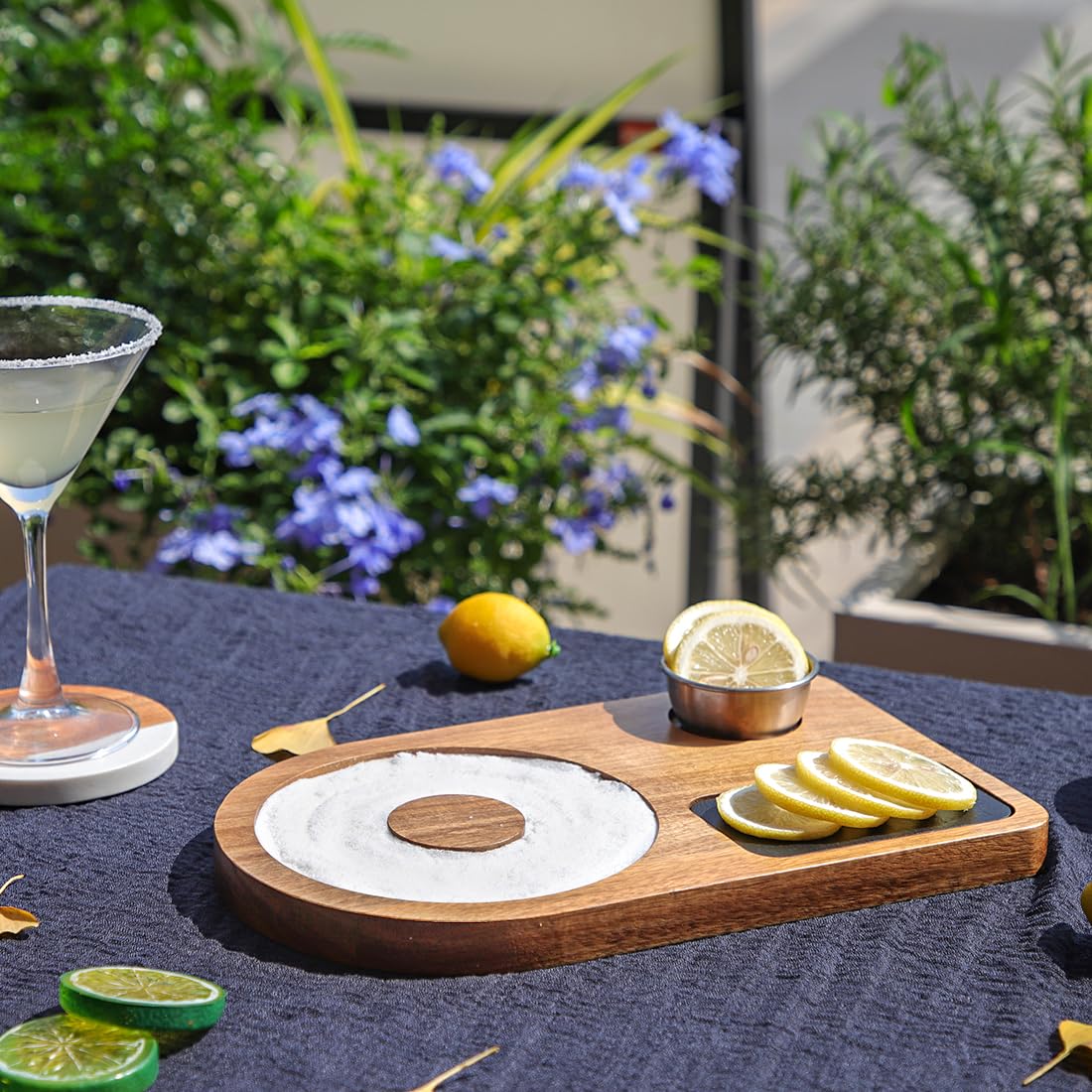 HALE OTEIR Margarita Salt Rimmer Set - Acacia Wood Cocktail Salt & Sugar Rim Maker with Slate Board, Lemon Slicer & Serving Bowl - Bartender Tools for Margaritas, Bar Accessories