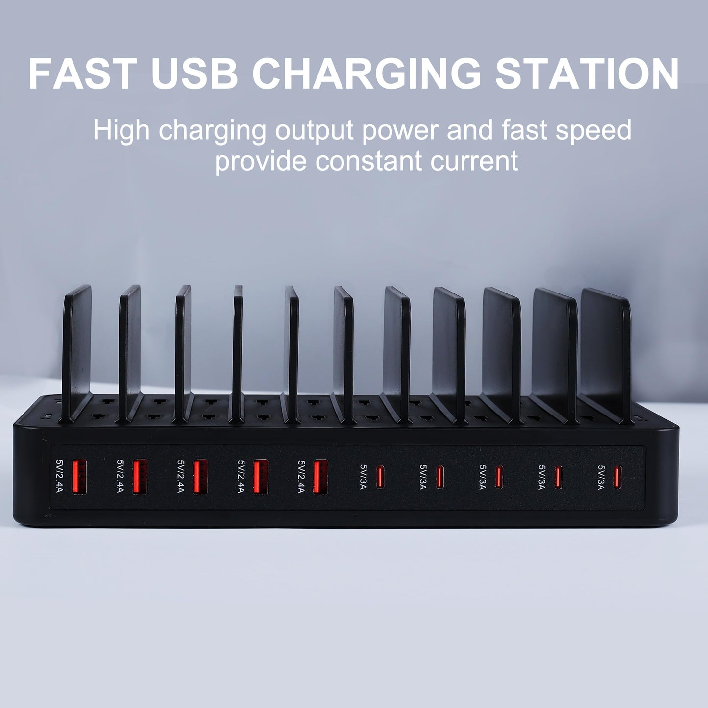 Haioulun 100W 10-Port Smart Charging Station | 5 USB-A & 5 USB-C Ports | Organized Design for Cellphones, Tablets, Watches & More (Black)