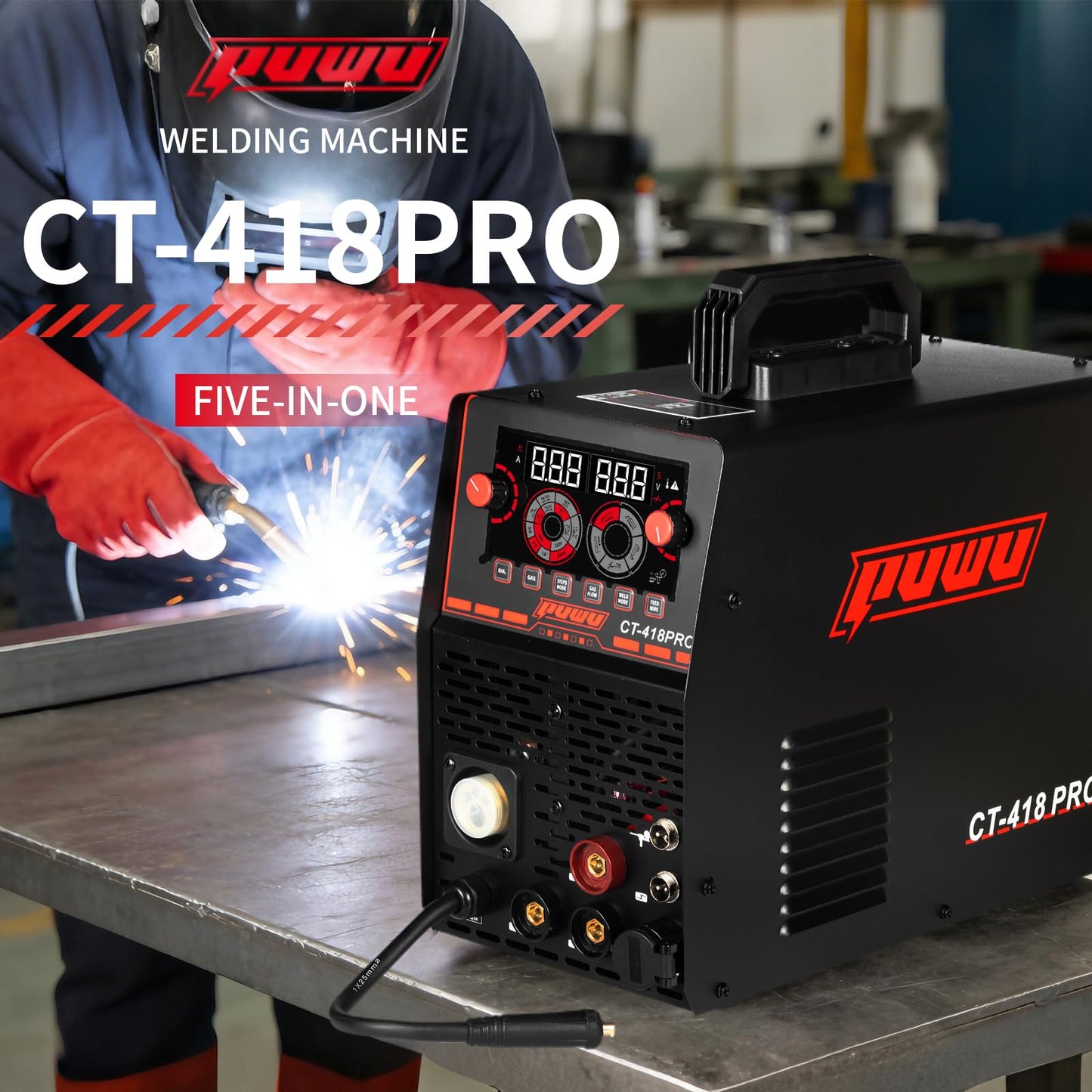 PUWU Plasma Cutter Welder Combo Gas MIG/Gasless MIG/HF TIG/Stick/CUT 5 in 1 Aluminum Welding Machine with 110V/220V Dual Voltage Multi Process Welder