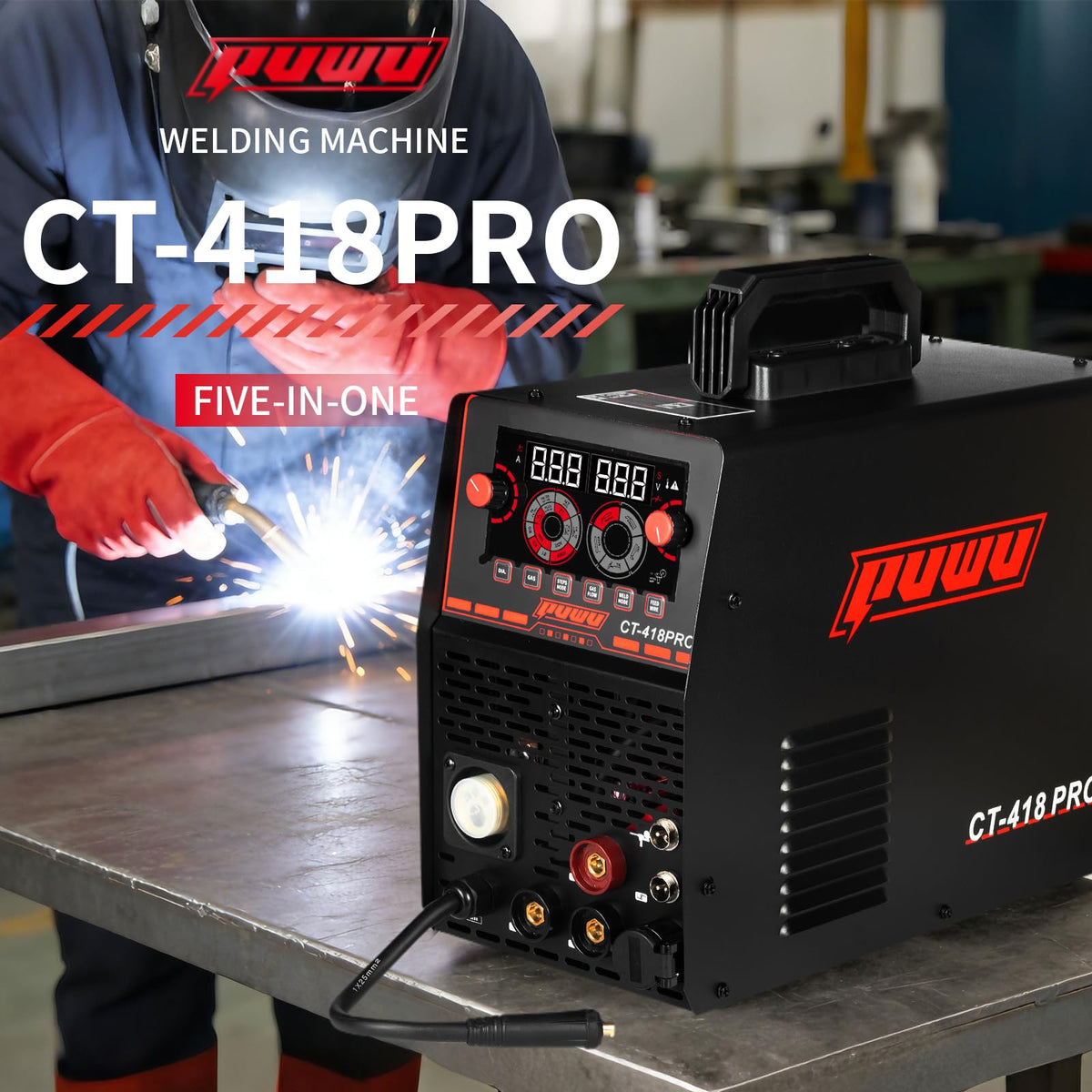 PUWU Plasma Cutter Welder Combo Gas MIG/Gasless MIG/HF TIG/Stick/CUT 5 in 1 Aluminum Welding Machine with 110V/220V Dual Voltage Multi Process Welder